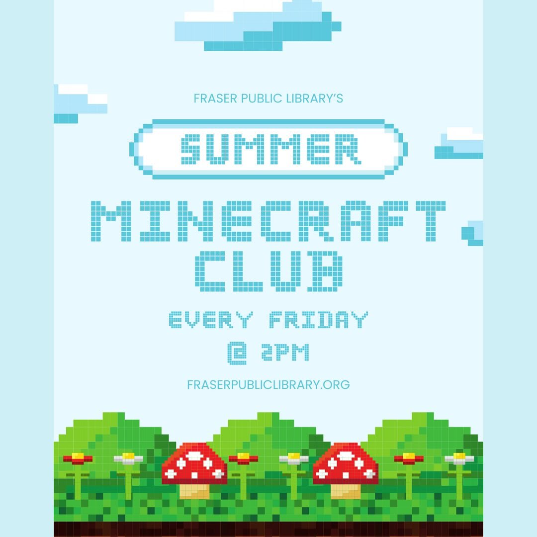 ⛏️ New Time Alert! ⛏️
Summer Minecraft Club is now meeting every Friday at 2 PM!

Join Miss Kristen for a great gaming adventure on our library&rsquo;s personal Minecraft server. Play from home or bring your device and join us at the library!

Open t