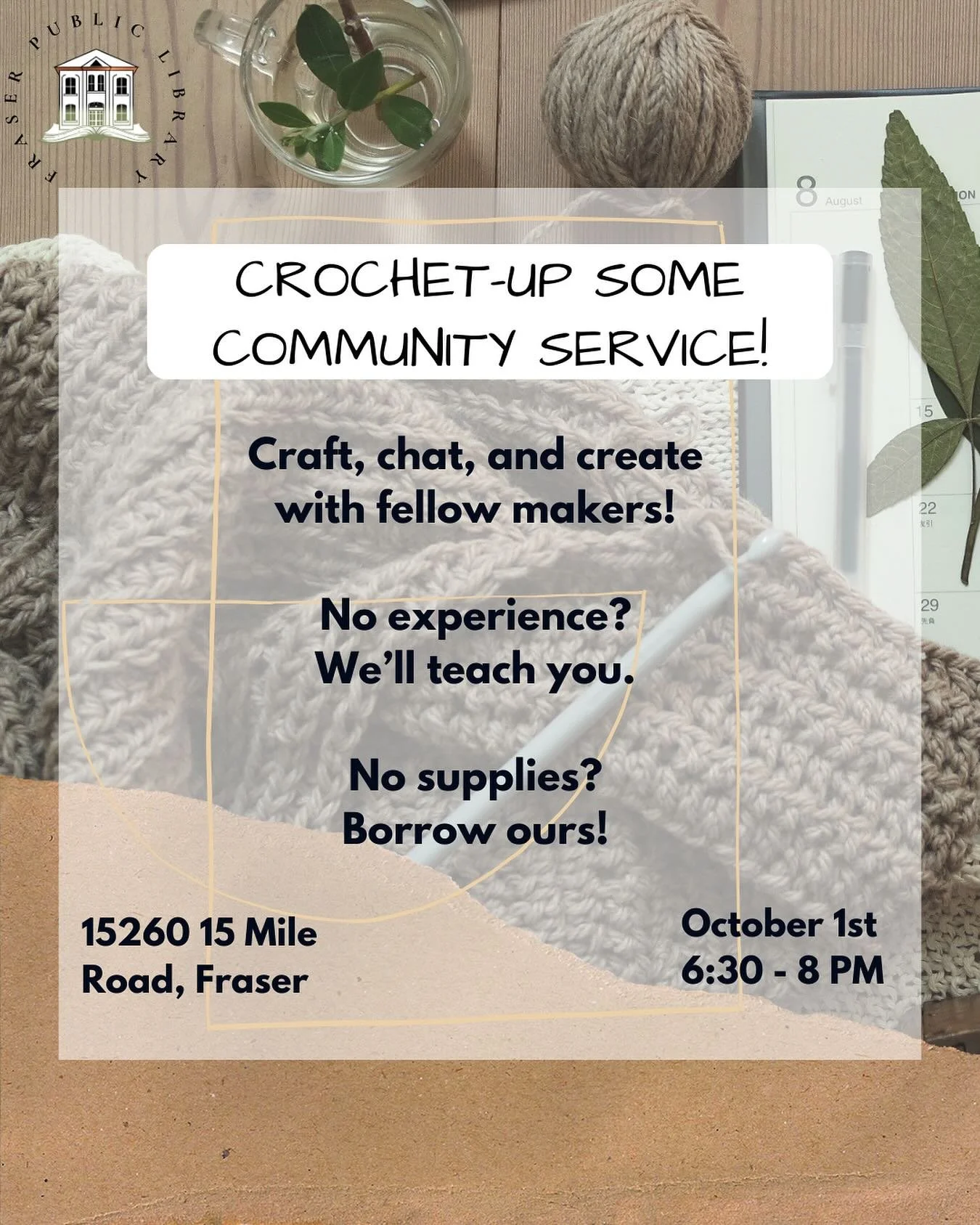 Love to knit, crochet, or craft? 🧵 Join us for our monthly Knit &amp; Crochet Meet-Ups! Bring your projects, get tips from fellow makers, or just hang out and chat. 🧶 Oct 1 &bull; 6:30 PM
✨ No experience? We&rsquo;ll teach you.
✨ No supplies? We&rs