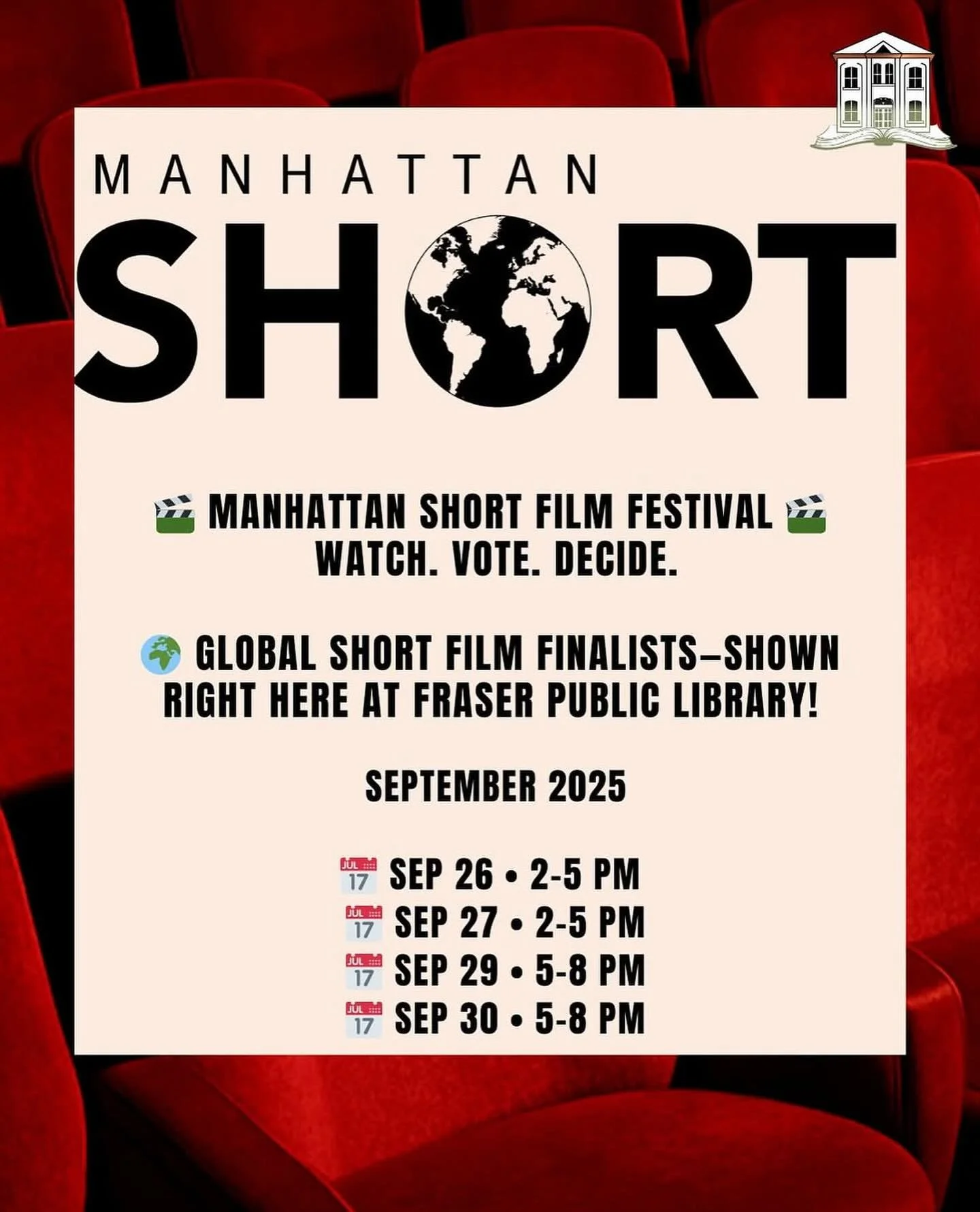 🎬✨ Last chance! Tonight is the final day of the Manhattan Short Film Festival at Fraser Public Library. Don&rsquo;t miss your opportunity to watch this year&rsquo;s incredible short film finalists and cast your vote for the best! 🌍📽️

📅 Today, Se
