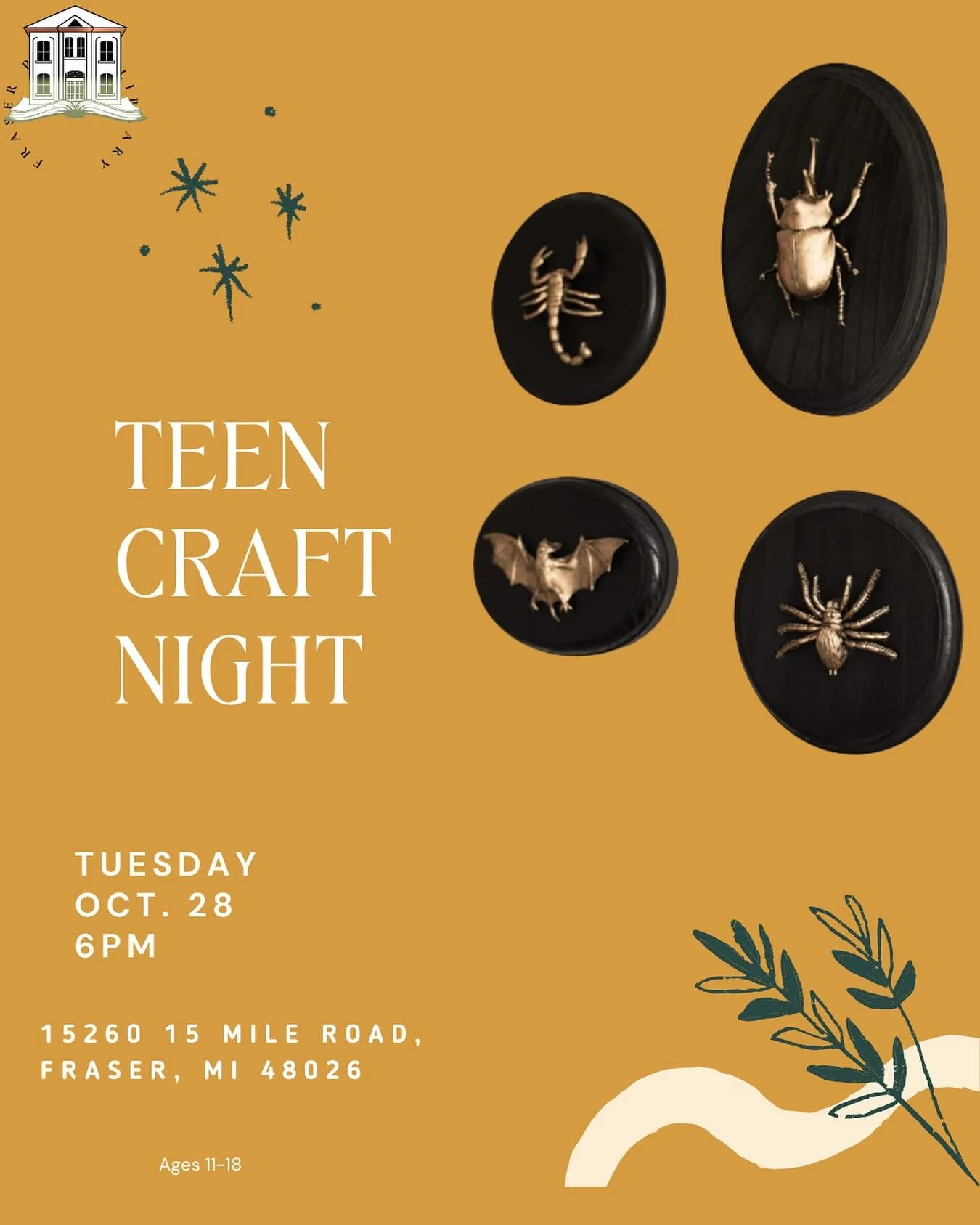 🕷️✨ Teen Craft Night is back!
Looking for a creative way to unwind? Join us every fourth Tuesday night for Teen Craft Night at Fraser Public Library!
This month&rsquo;s project: spooky faux taxidermy 👻🦇perfect for Halloween season.

📅 Tuesday, Oc
