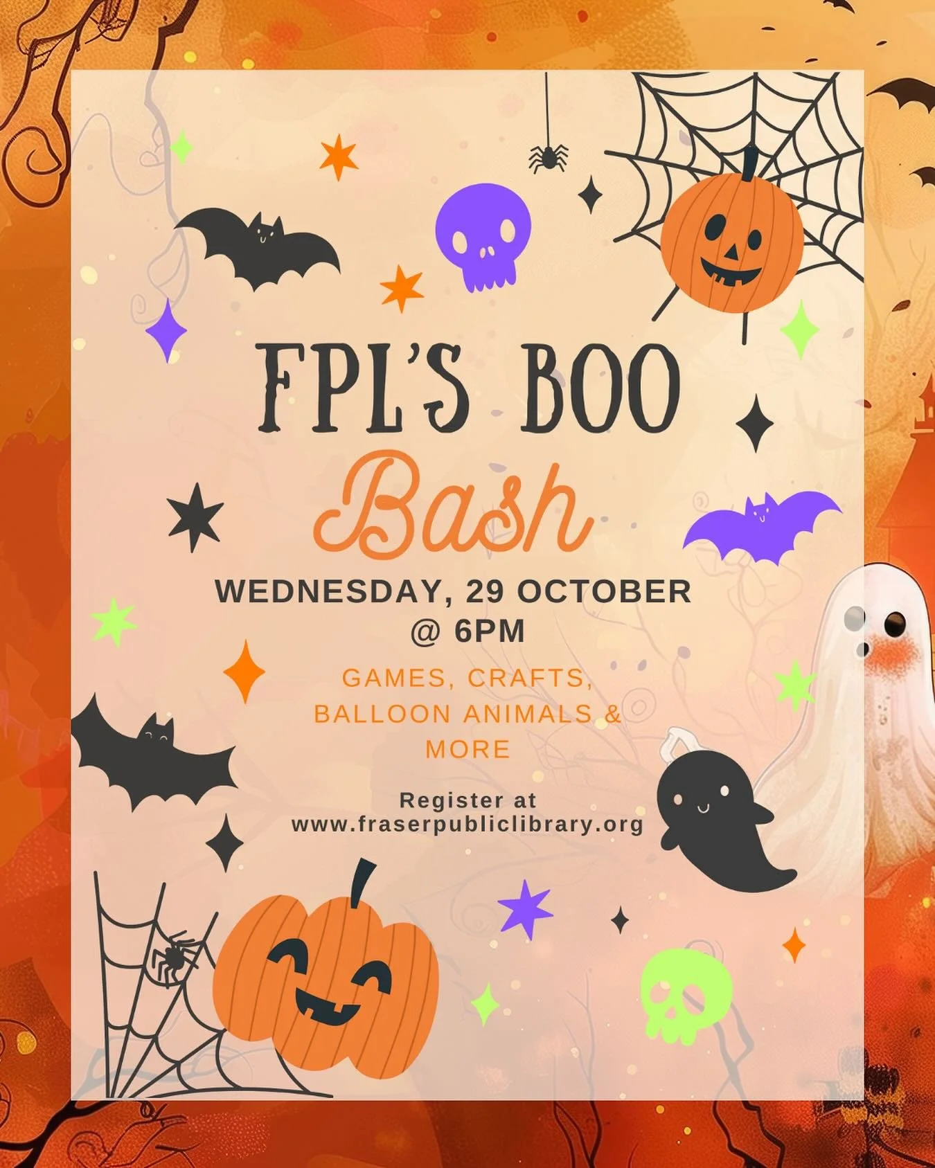🎃👻 Don&rsquo;t forget! FPL&rsquo;s BOO Bash is this Wednesday, October 29 @ 6 PM! 👻🎃
Join us for a spooktacular night of games, crafts, balloon animals, and more! 🕸️

Make your own cauldron slime, create a stuffed monster, snack on some treats, 