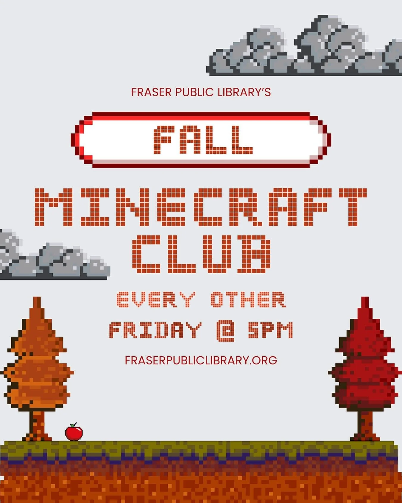 Next session: This Friday, November 7 at 5PM!

Join Miss Kristen every other Friday afternoon on the Fraser Public Library&rsquo;s Minecraft server for a great gaming adventure! Game from the comfort of your own home by using your device to log in an