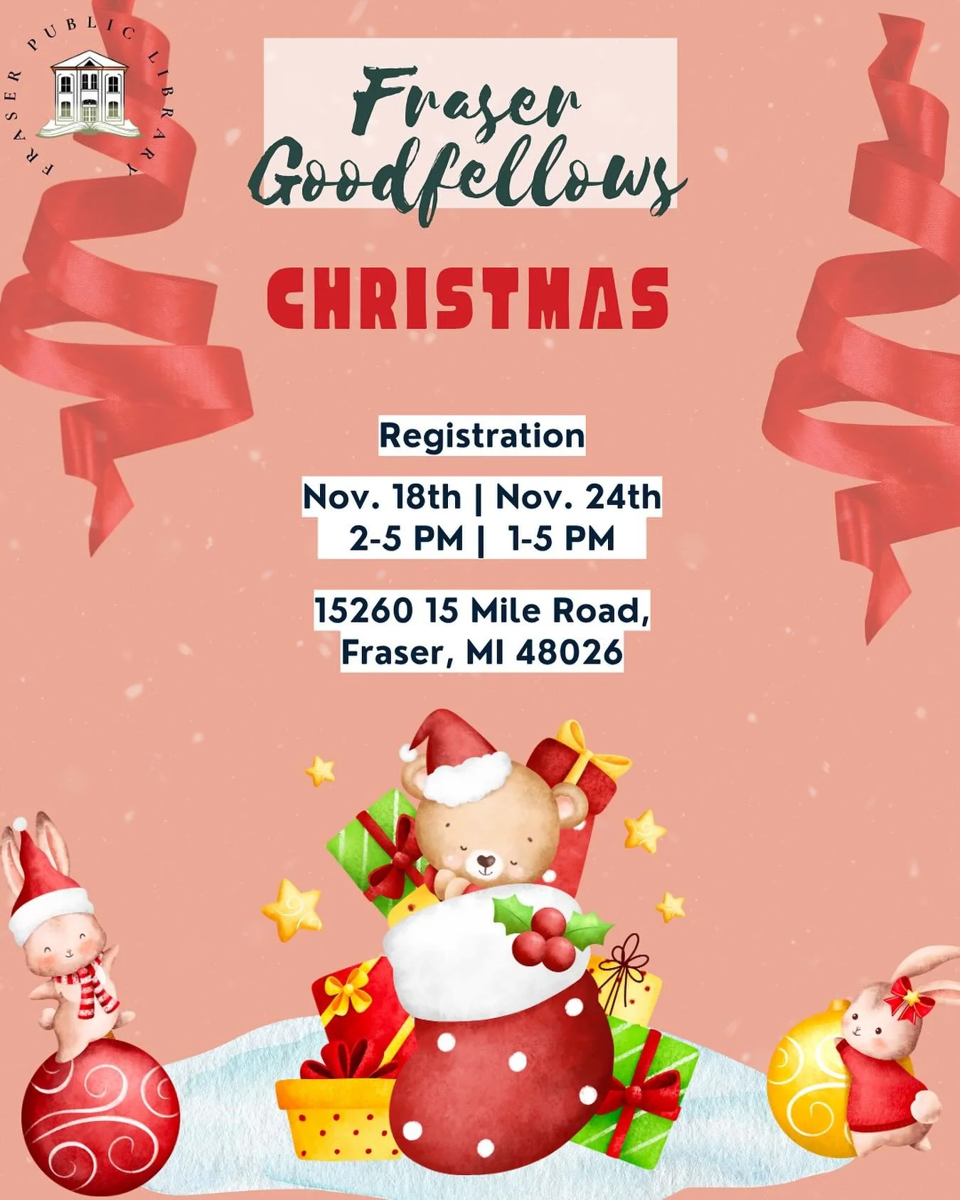 The holiday season is a time for giving and community ❤️ ⁣
⁣
If your family needs Christmas assistance this year, the wonderful Fraser Goodfellows will be at the library to help you register! ⁣
🗓️ When: Nov 18th, 2 PM - 5 PM, and Nov 24th, 1 PM - 5P