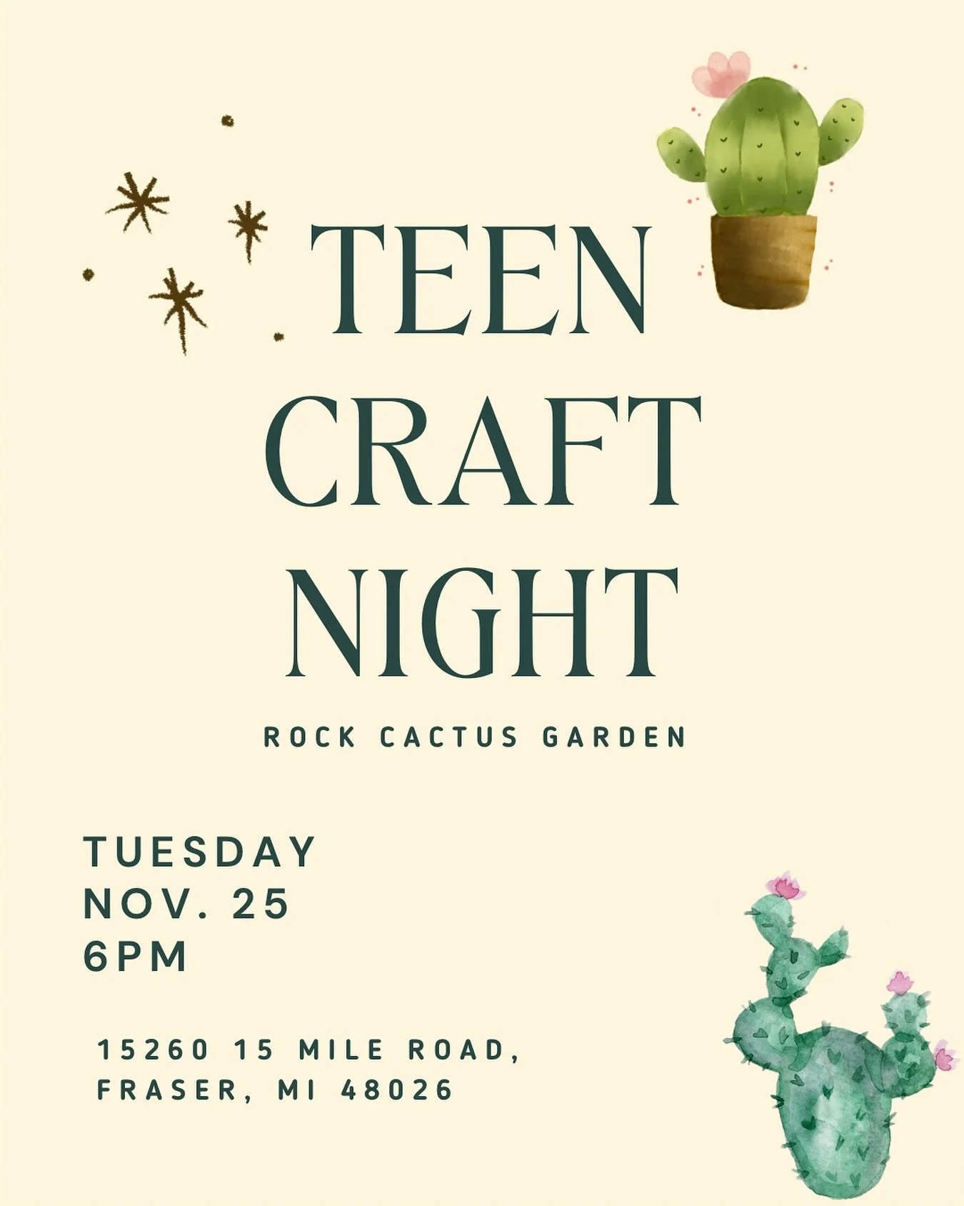 It&rsquo;s almost time for our Monthly Teen Craft Night!🎉

Need a break from school stress? Ready to unwind and get creative?

Join us every fourth tuesday evening for a super relaxing and crafty atmosphere as we dive into making our own Rock Cactus