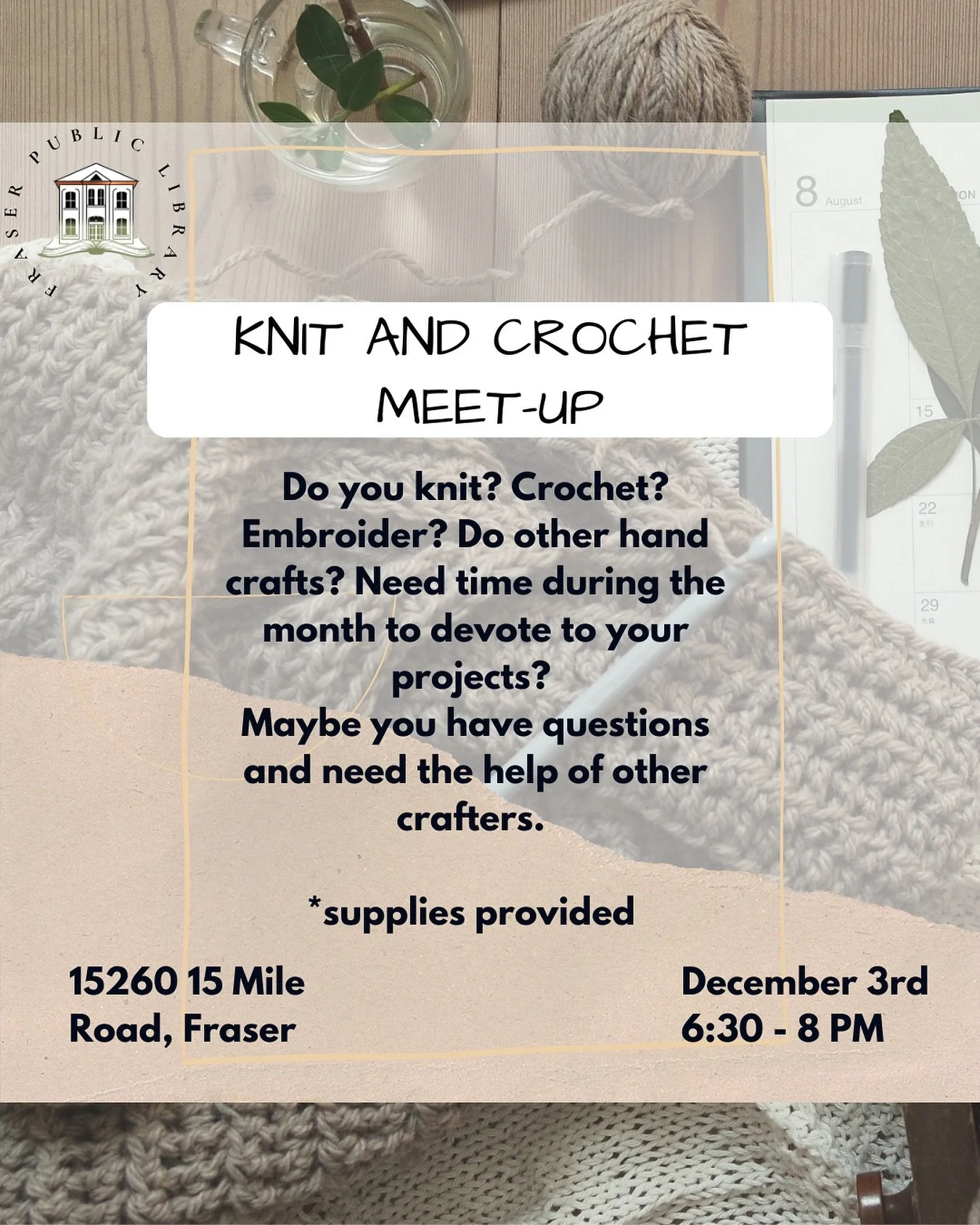 🧶 Knit &amp; Crochet Crew! ✂️

Get ready for some Craft-tastic Fun! Our next Knit and Crochet Meet up is happening soon, and we can&rsquo;t wait to see you!

Whether you&rsquo;re looking for dedicated time to finish your scarf, or you&rsquo;re ready