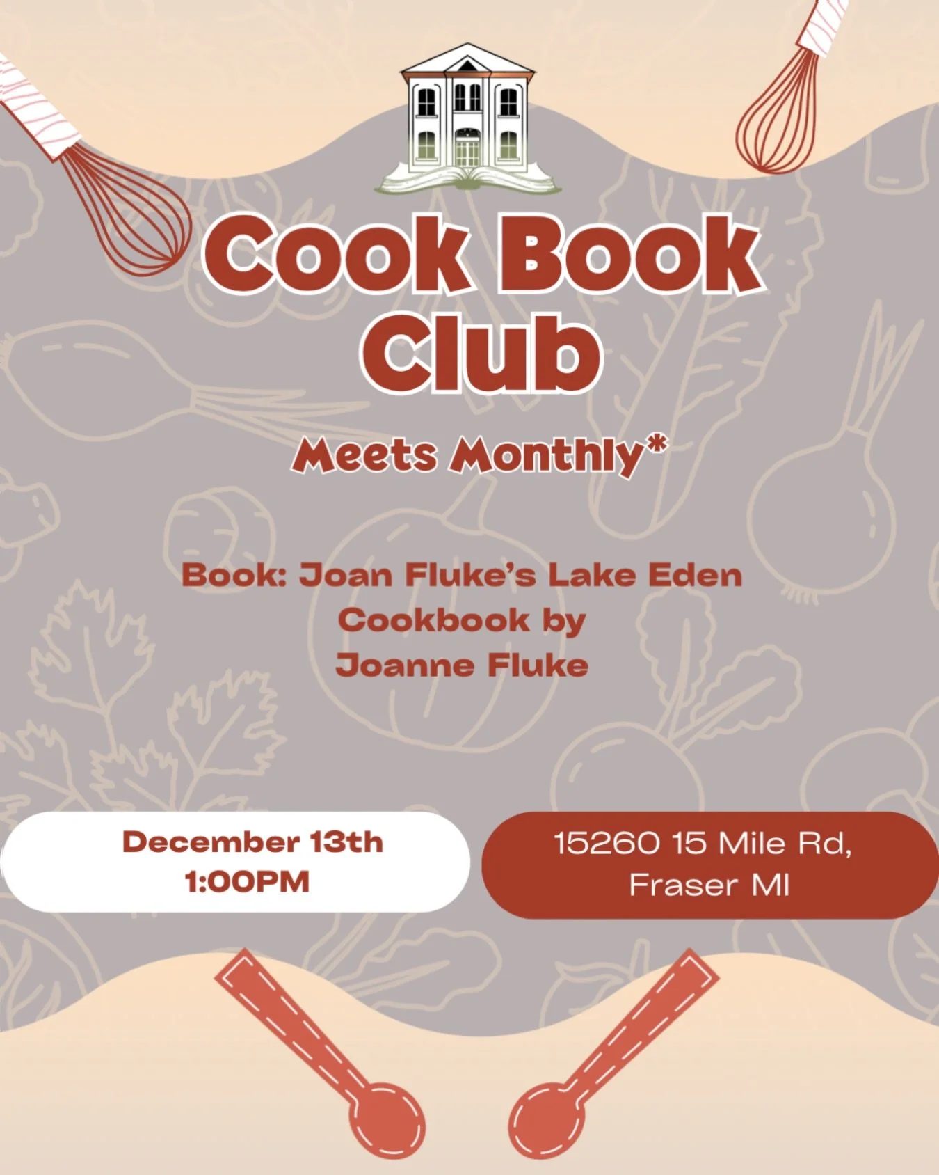 🕵️&zwj;♀️ Mysteries &amp; Munchies (The Cookbook Edition)! 📚

Fraser Public Library&rsquo;s Cookbook Club is back, and we&rsquo;re ending 2025 with a cozy mystery twist!

We&rsquo;re diving into &ldquo;Joanne Fluke&rsquo;s Lake Eden Cookbook,&rdquo
