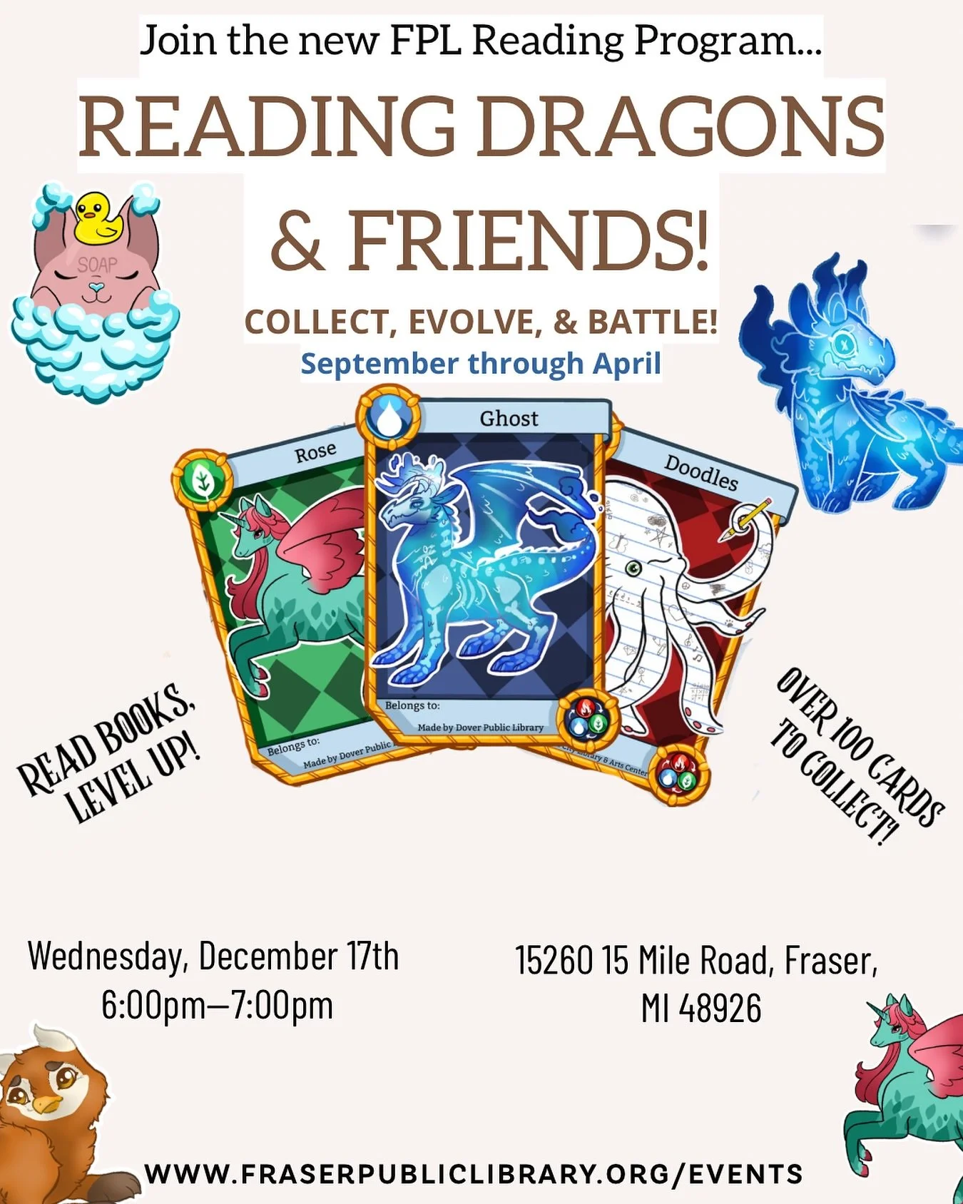 🐉 Reading Dragons Hour! 📚 

Get ready for some Dragon sized fun! Our next Reading Dragons event is happening soon, and we can&rsquo;t wait to see you!

Whether you&rsquo;re working on earning your monthly cards by reading right here in the library,