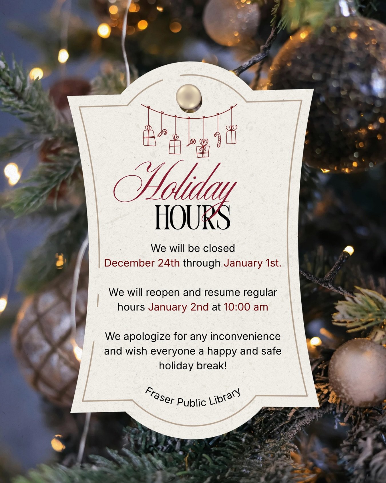 ❄️ Closed for the holidays, but always open online! ❄️

Fraser Public Library will be taking a break from December 24th through January 1st. While our doors are closed, our digital shelves are always open! 📱✨

📖 Use your library card to access:

Li