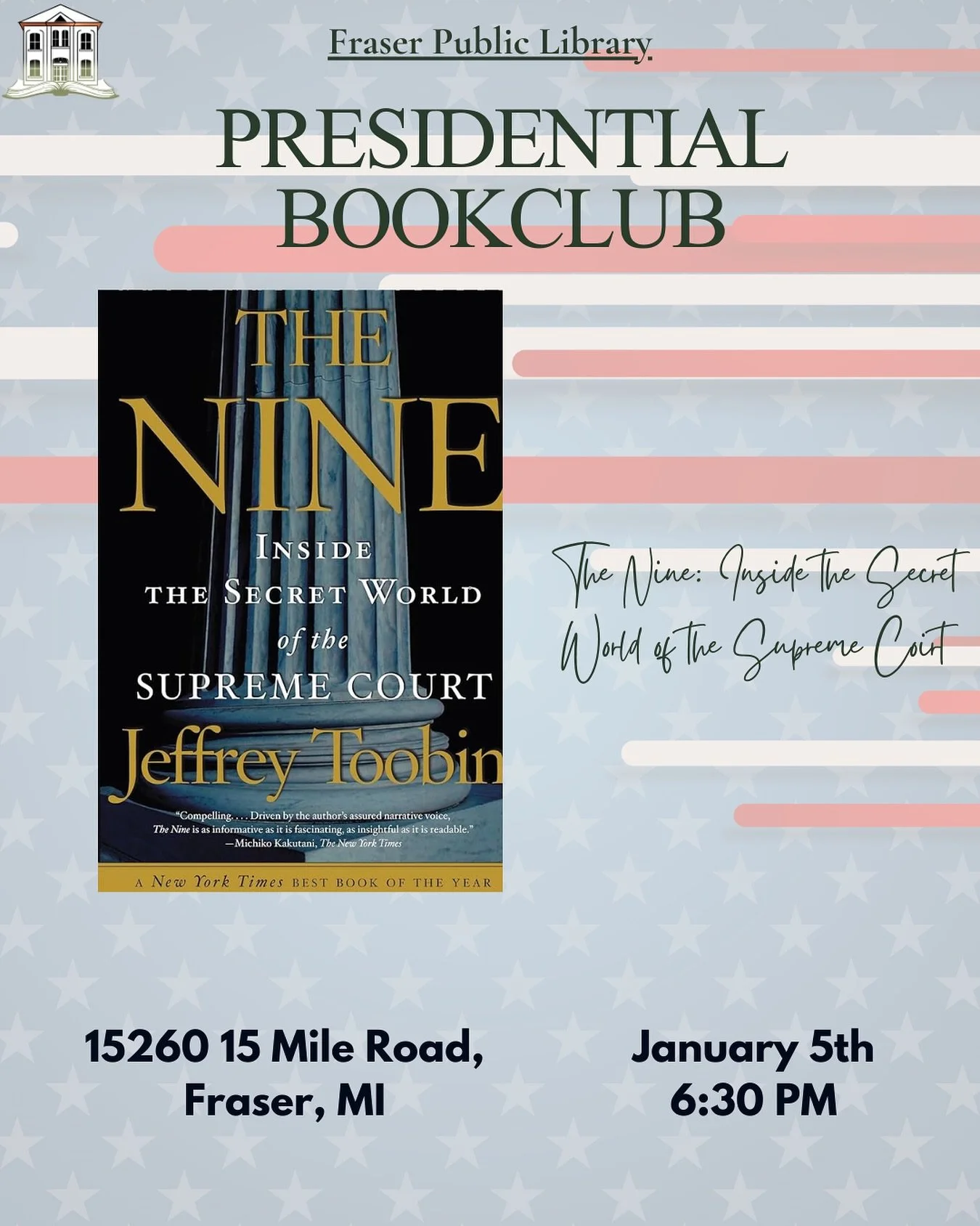 Ever wonder what happens behind the closed doors of the Supreme Court? 🏛️📜

Join the Presidential Book Club this month as we discuss The Nine by Jeffrey Toobin. It&rsquo;s a fascinating look at the secret world of the Court, its history, and the pe