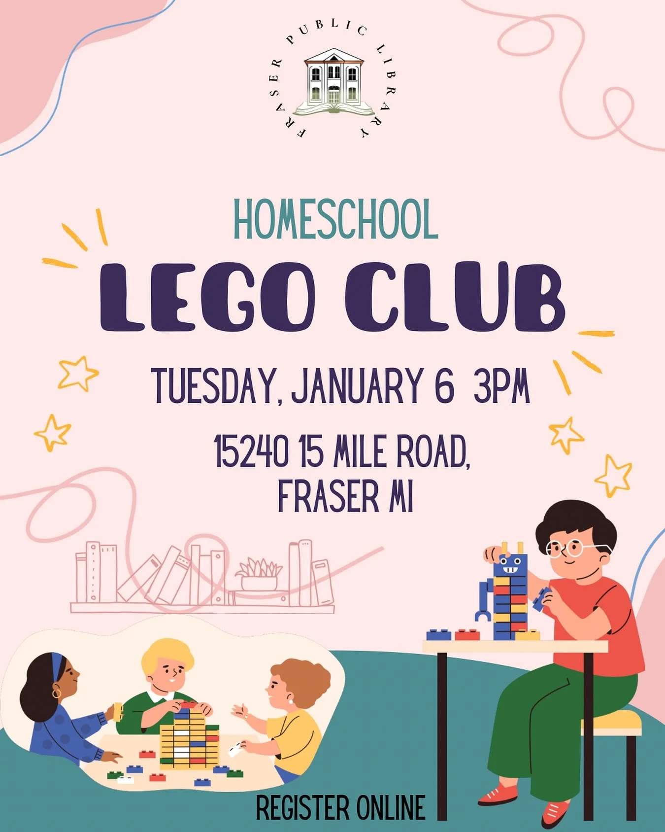 Join our Homeschool LEGO Club at 3pm every other Tuesday! 

It&rsquo;s a great way for kids to enjoy LEGO challenges and for families to socialize and connect.

We provide the LEGOs, the snacks, and the challenge cards; you just bring the creativity!