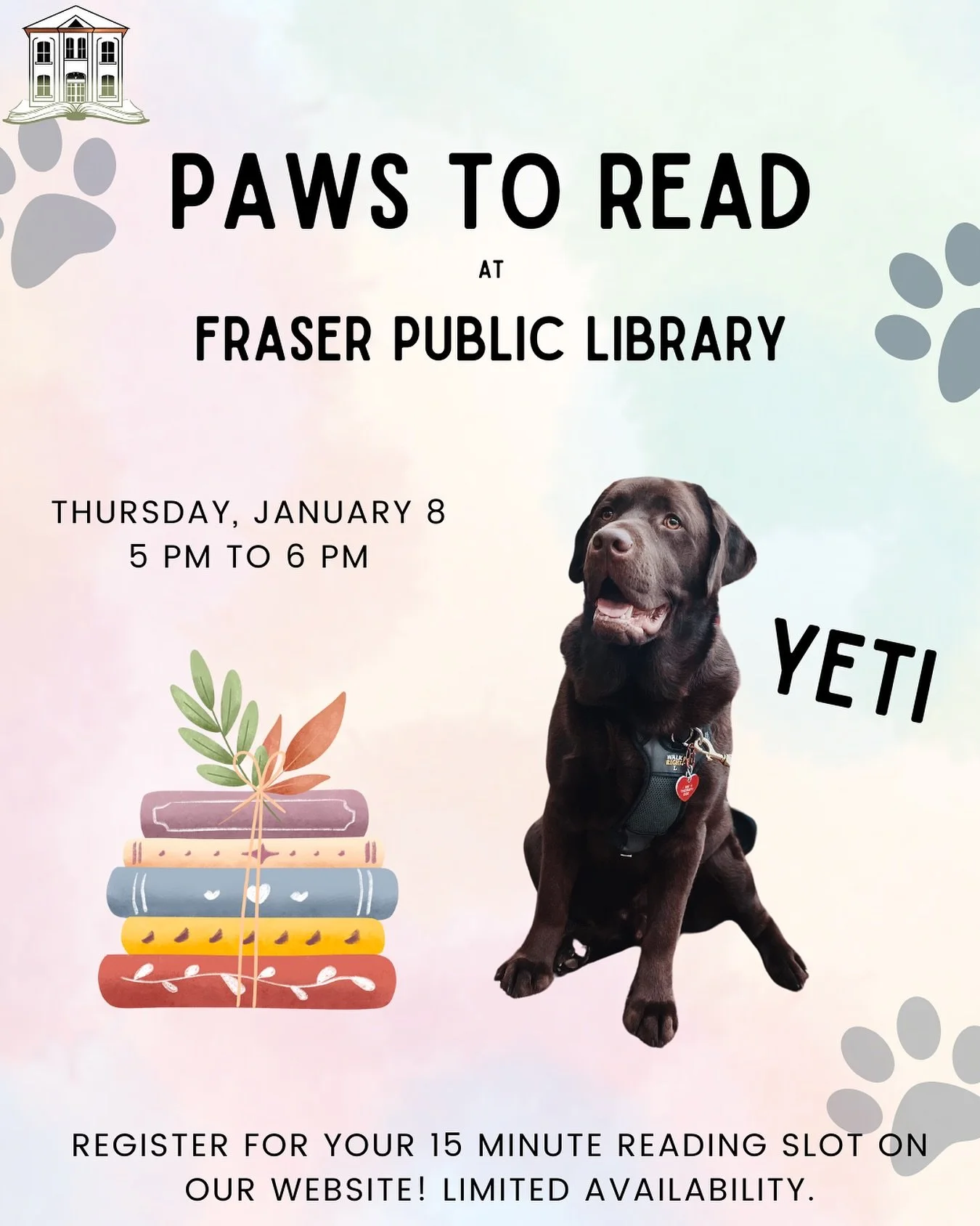 Need a confidence boost for reading out loud? Join us for our Paws to Read program! Your child will get a gentle, supportive one-on-one reading session with a certified therapy dog and their handler.

Yeti is the best listener and helps make reading 