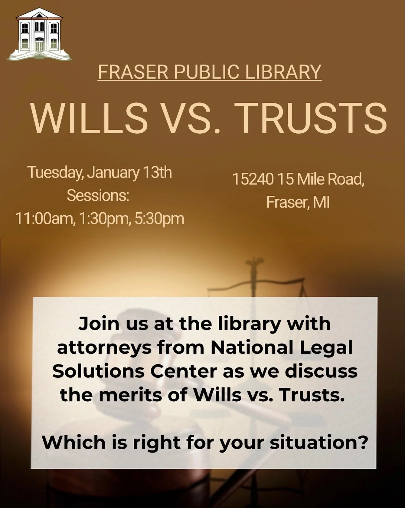 🏛️ Wills vs. Trusts: Which is right for you? ⚖️

Join us and the attorneys from National Legal Solutions Center to discuss:
The merits of Wills vs. Trusts 📝
Protecting your nest egg for future generations 🐣
Understanding the probate process 🏛️

S