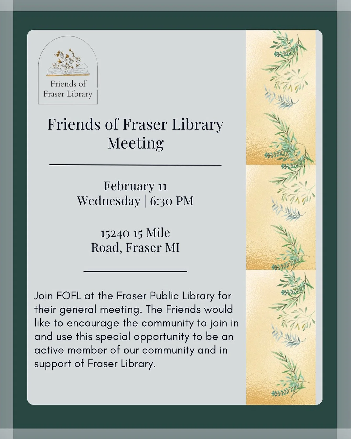 Behind every great library is a great community! 🤝✨
The Friends of the Fraser Public Library are meeting soon, and we would love for you to pull up a chair. If you are passionate about supporting our programs, helping with book sales, and ensuring o