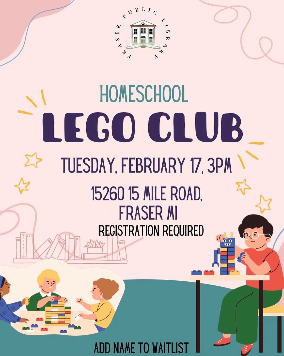 Join our Homeschool LEGO Club at 3pm every other Tuesday! It&rsquo;s a great way for kids to enjoy LEGO challenges and for families to socialize and connect.
We provide the LEGOs, the snacks, and the challenge cards; you just bring the creativity! 🧩