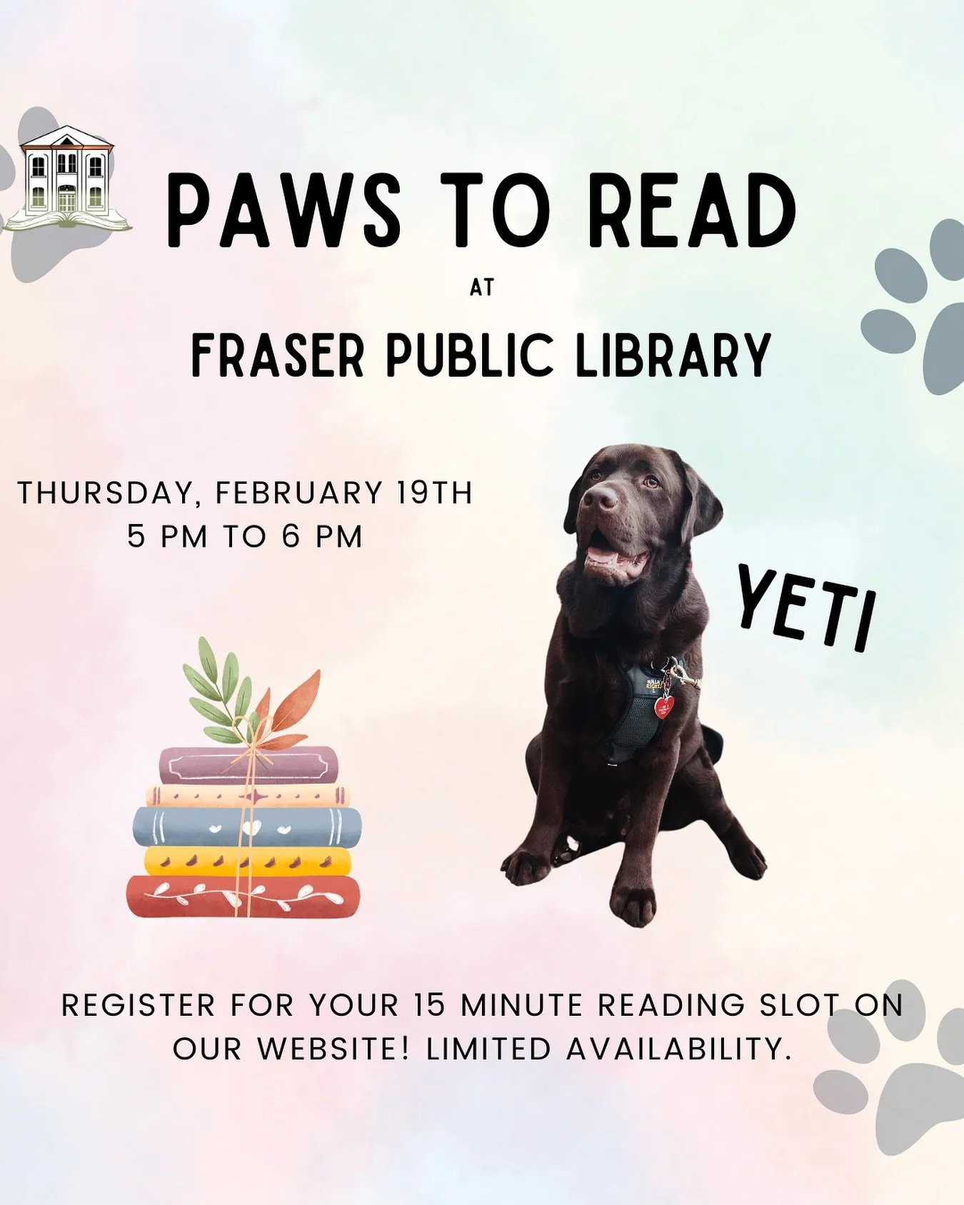 Need a confidence boost for reading out loud? Join us for our Paws to Read program! Your child will get a gentle, supportive one-on-one reading session with a certified therapy dog and their handler.

Yeti is the best listener and helps make reading 