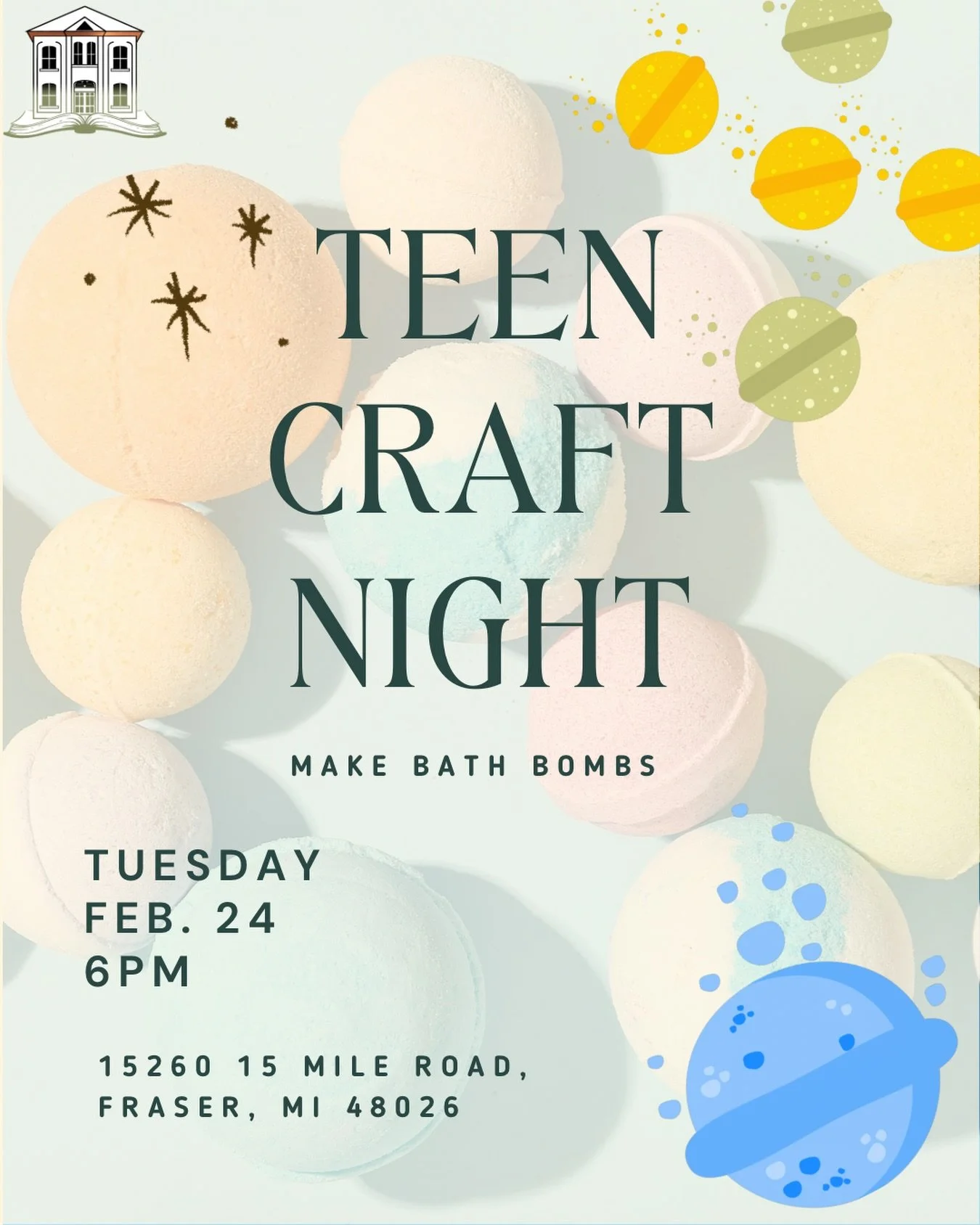 Join us for Teen Craft Night where we&rsquo;re turning the library into a laboratory for relaxation. We&rsquo;ll be mixing, molding, and scenting our very own DIY bath bombs! Whether you want to make a gift or treat yourself to a spa night at home, t