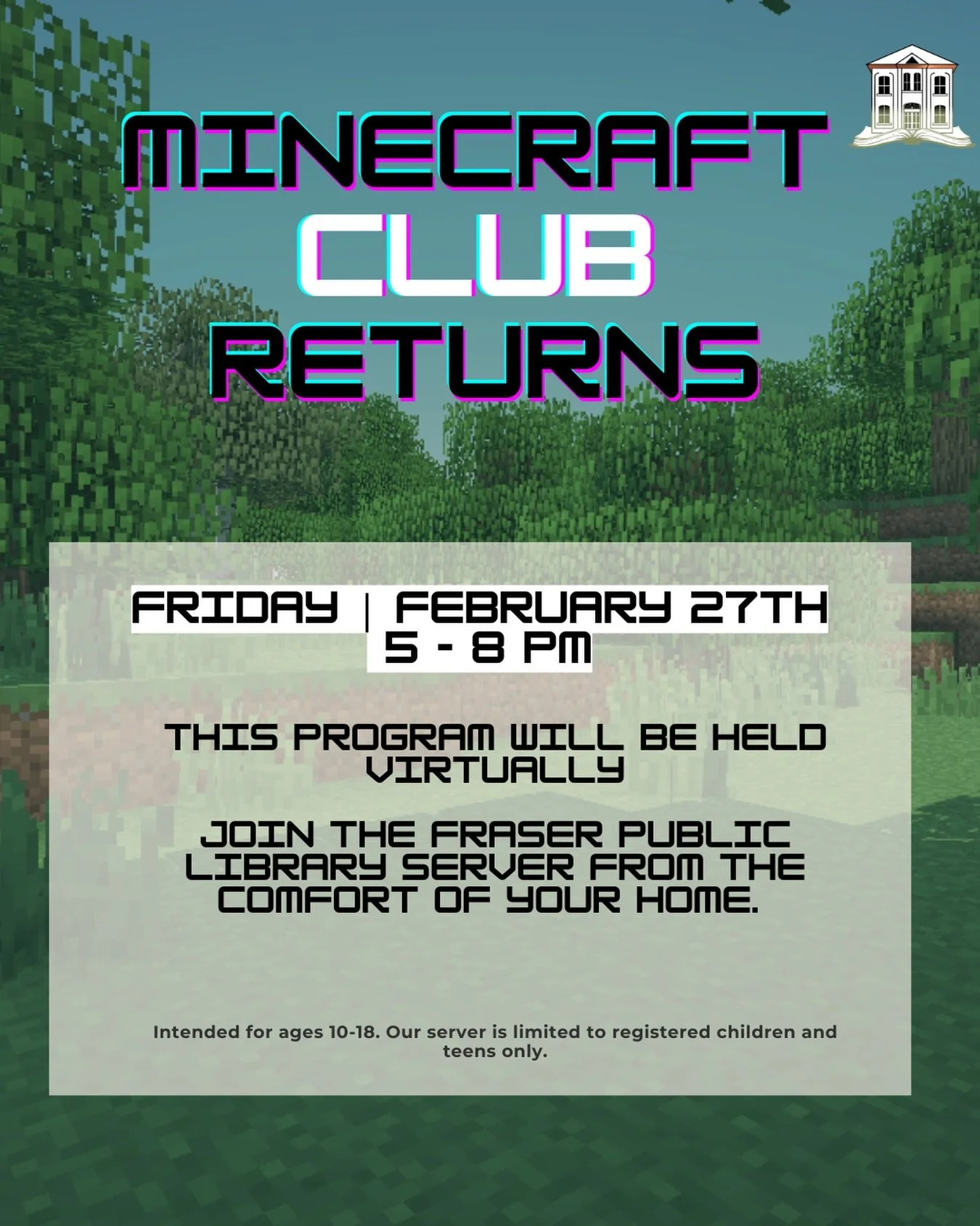 Grab your pickaxe and join the server! ⛏️💎

Our Minecraft Club is meeting, and we&rsquo;re ready to see your most epic builds! Whether you&rsquo;re a master architect in Creative or a pro survivor escaping the Creepers, there&rsquo;s a spot for you 
