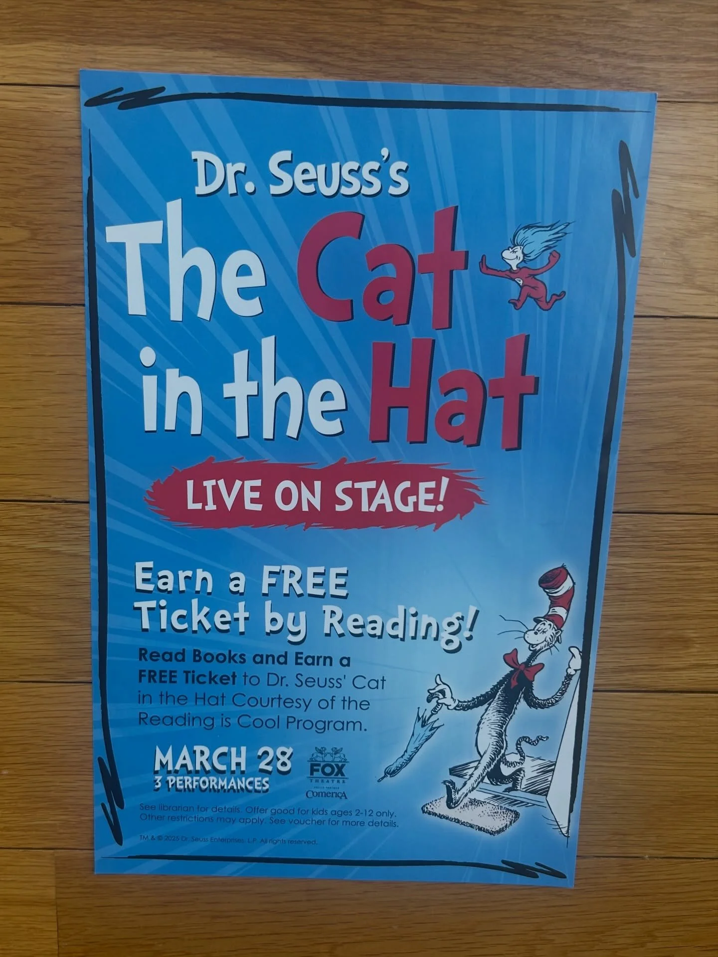 🎩✨ Calling all young readers! ✨🎩
March is Reading Month, and we have a FUN-tastic giveaway to celebrate! 📚🥳

Here&rsquo;s how it works:
1️⃣ Stop by the Reference Desk and pick up a green ticket. It has a reading tracker on the back!
2️⃣ Read 5 bo