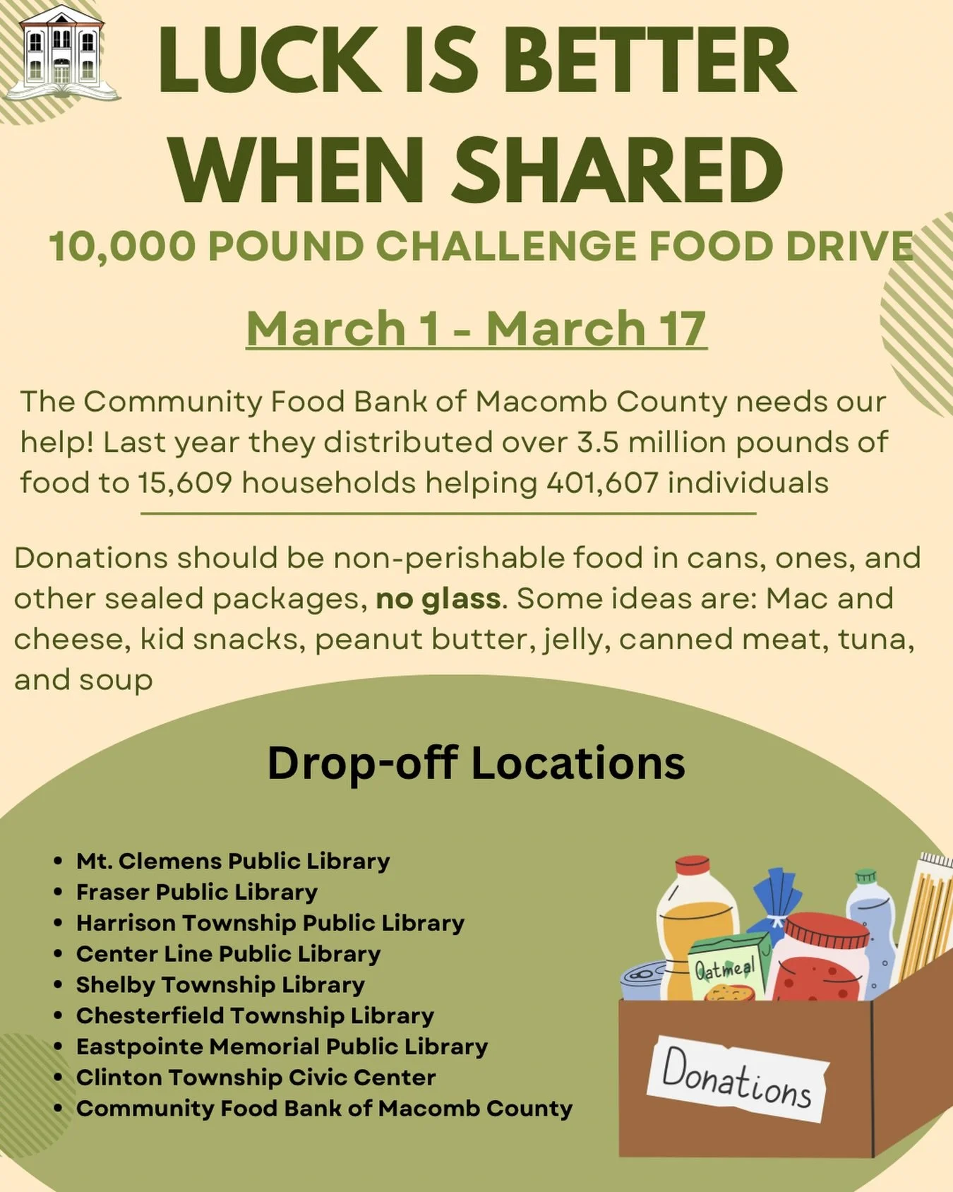 Luck is better when shared 🍀💚

We&rsquo;re proud to be part of the 10,000 Pound Challenge Food Drive running March 1&ndash;17 to support the Community Food Bank of Macomb County, and we need YOUR help!

The need is real: Last year alone, the Food B
