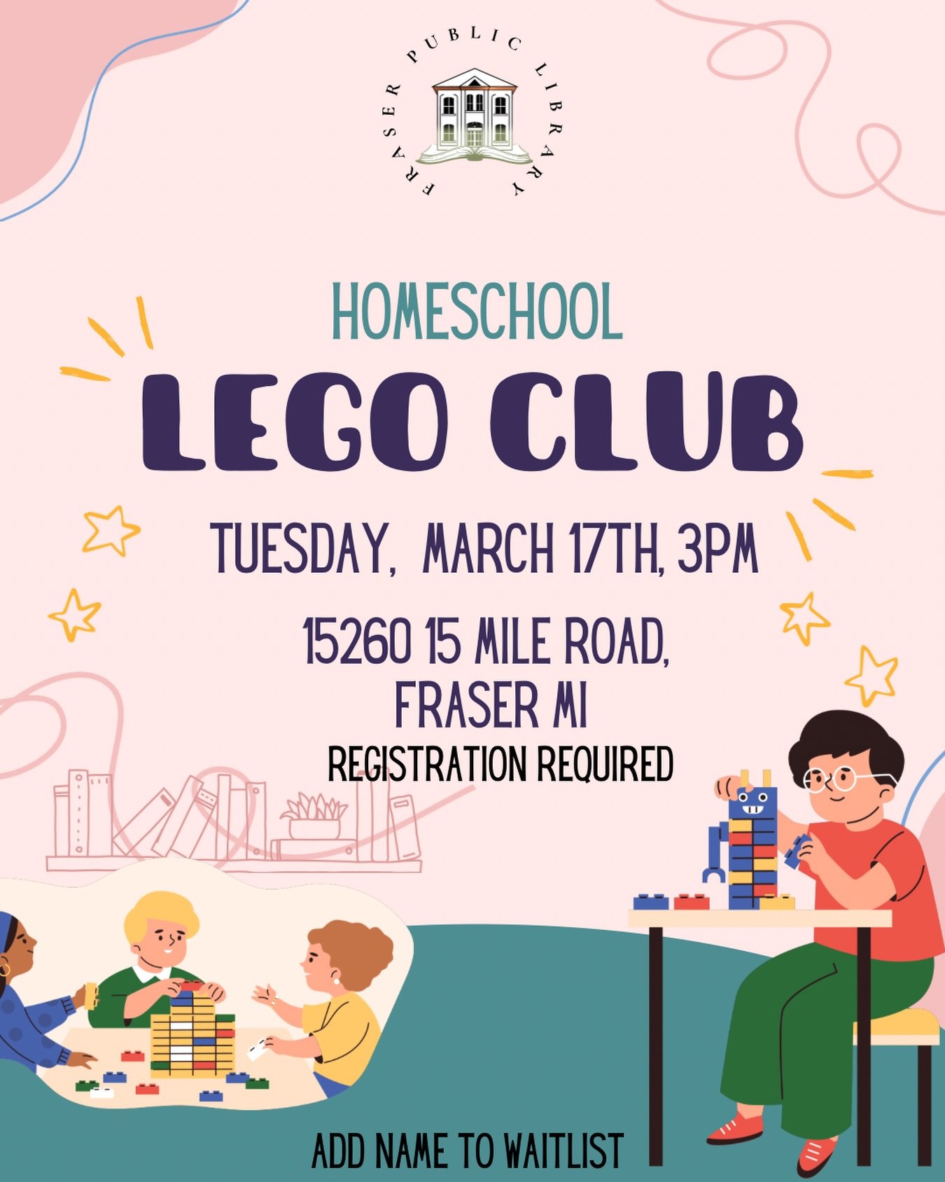 Our Homeschool LEGO Club meets every other Tuesday at 3:00 PM. It&rsquo;s a great space for kids to dive into creative challenges or enjoy free build time while parents and families sit and socialize.

The best part? We provide the challenge cards, a