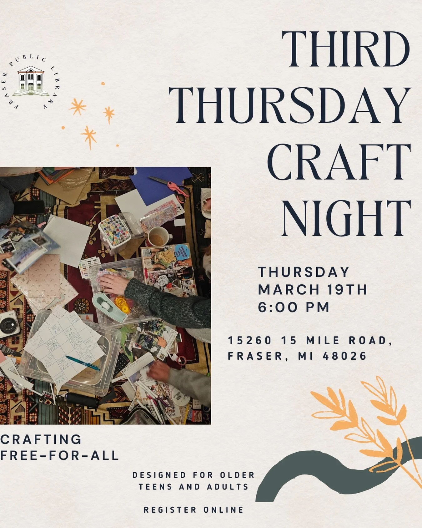 Ready to explore your artistic side? Join us for Third Thursday Craft Night!

Designed for adults and older teens, these sessions are all about stretching your creative muscles and trying something new. This month, we&rsquo;re clearing the tables for