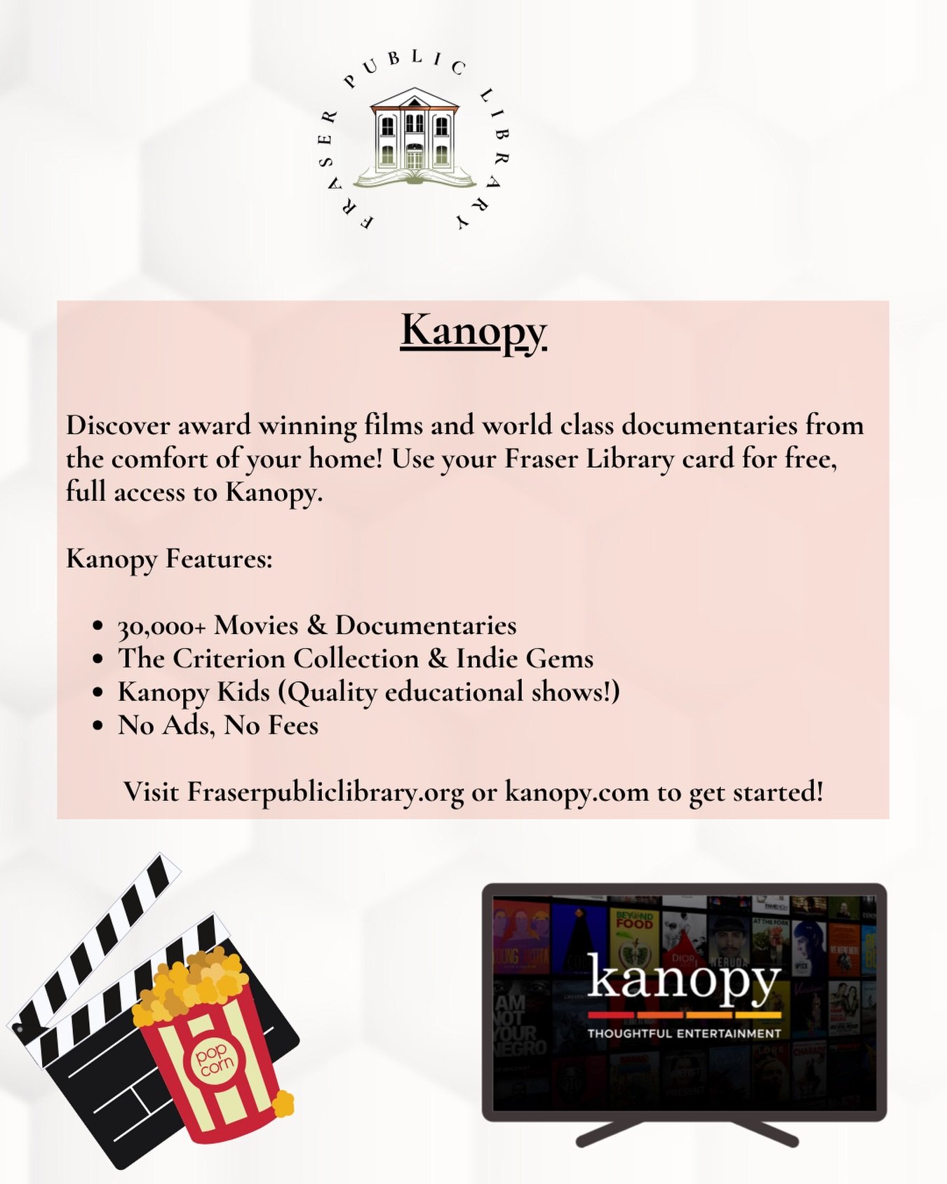 Looking for your next favorite film? Skip the subscription fees and use your library card to access Kanopy, the premier streaming service for quality cinema. 

Whether you are looking for award winning documentaries, rare indie gems, or the latest Cr