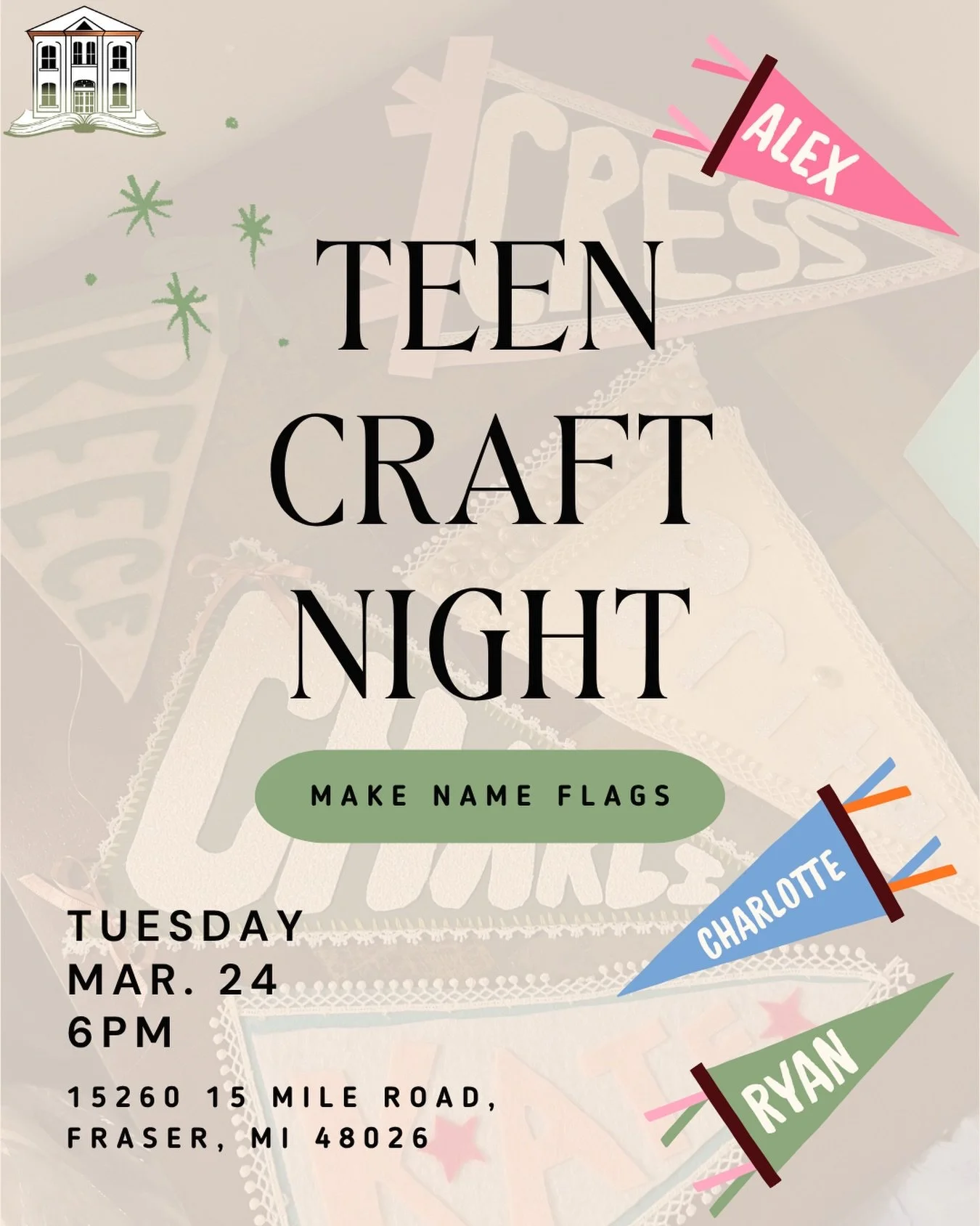Teens! Mark your calendars. 📅🎨

Join us for Teen Craft Night at Fraser Library. A relaxing evening to hang out, get crafty, and make something awesome.

This month&rsquo;s project: Custom name flags for your room! Design it yourself and take home a