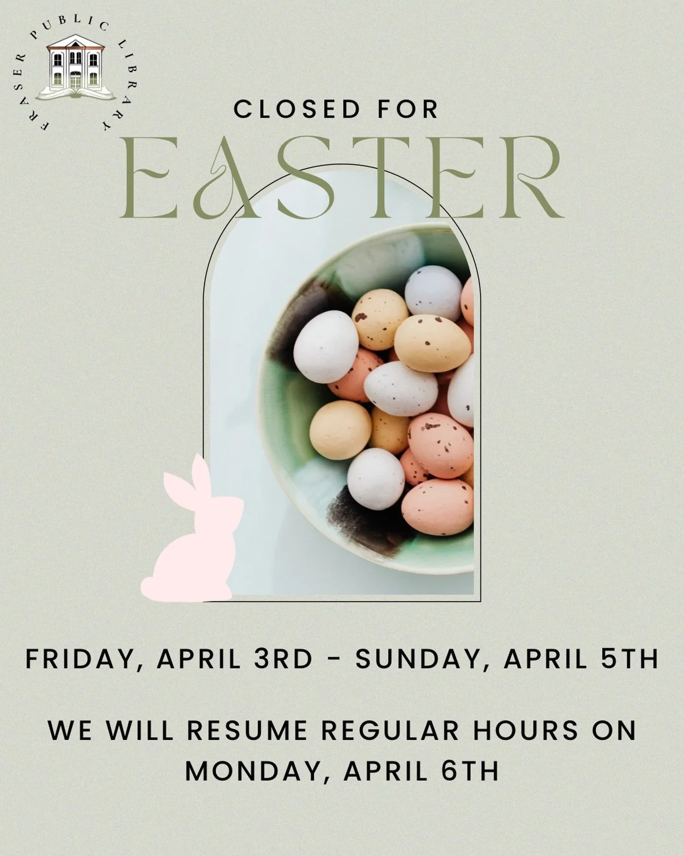 The Library will be closed Friday, April 3 through Sunday, April 5 for the Easter holiday. 

We will reopen on Monday, April 6. Have a safe and happy holiday!

Wishing you and your family a blessed Easter!