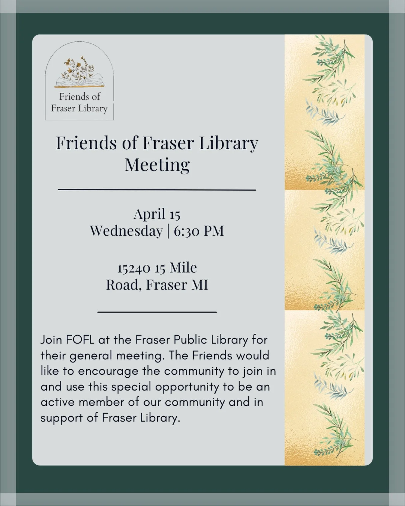 Join the Friends of Fraser Library for their monthly meeting! It&rsquo;s a great chance to meet other library lovers, hear about upcoming projects, and find out how you can get involved. No pressure, no commitment, just good people who care about our