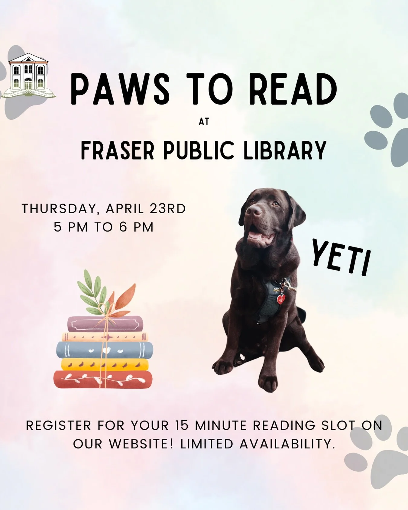 Got a story to share? The dogs are all ears! Join us at Fraser Public Library for Paws to Read, where kids can practice their reading skills with specially trained therapy dogs for a 15 minute session. These gentle pups love stories almost as much as