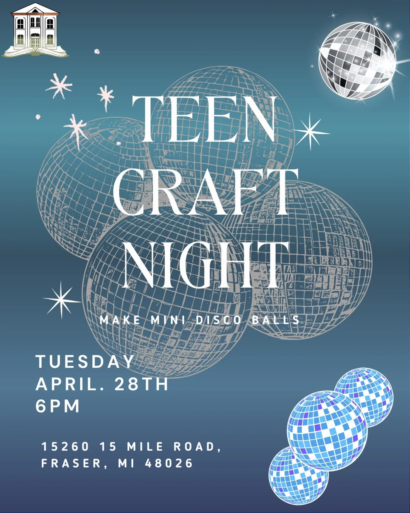 Teens! Join us for Teen Craft Night on the fourth Tuesday of each month. This is your time to chill, hang with friends, and get creative in a relaxed, crafty atmosphere.

March Project: Mini Disco Balls!
Get ready to sparkle! We&rsquo;ll show you how
