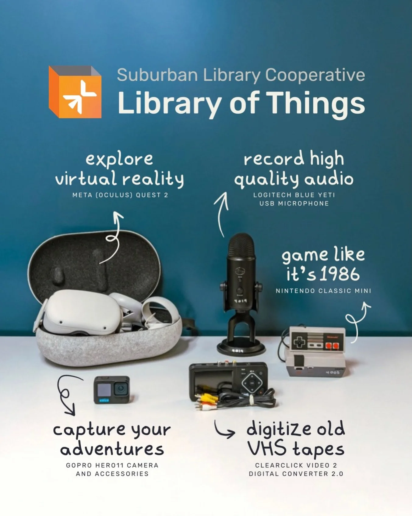 Why limit yourself to just books? Our Library of Things is designed to help you master new skills and explore new worlds without having to buy the equipment yourself. From creative tech to retro entertainment, we&rsquo;ve got your next hobby covered.