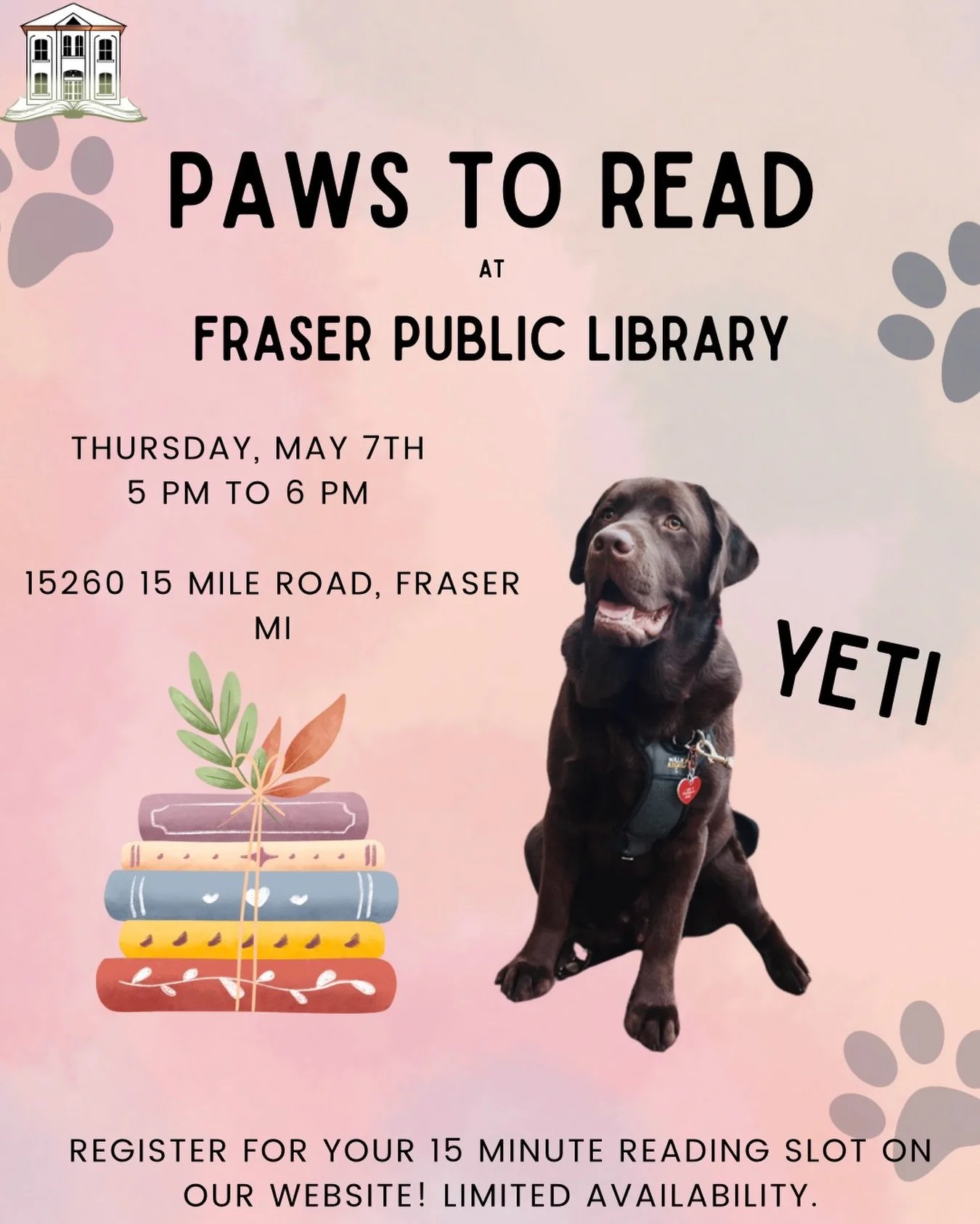 Does your child struggle with reading out loud? Do they feel anxious or embarrassed when it&rsquo;s time to read?
Paws to Read can help.

This program pairs young readers with certified therapy dogs and their handlers for private, one-on-one reading 