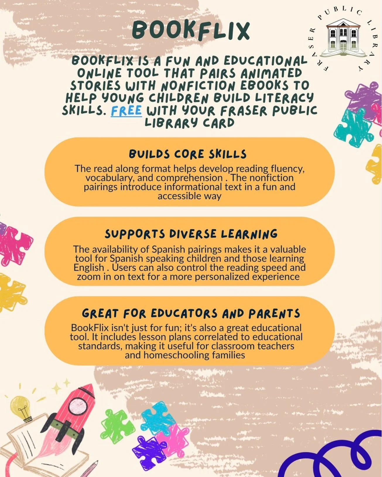 BookFlix is here, free with your Fraser Public Library card! Watch beloved stories come to life as animated read alongs, then dive into nonfiction books on the same topic. It&rsquo;s double the fun, double the learning!

🐶 Watch: Animated storybooks