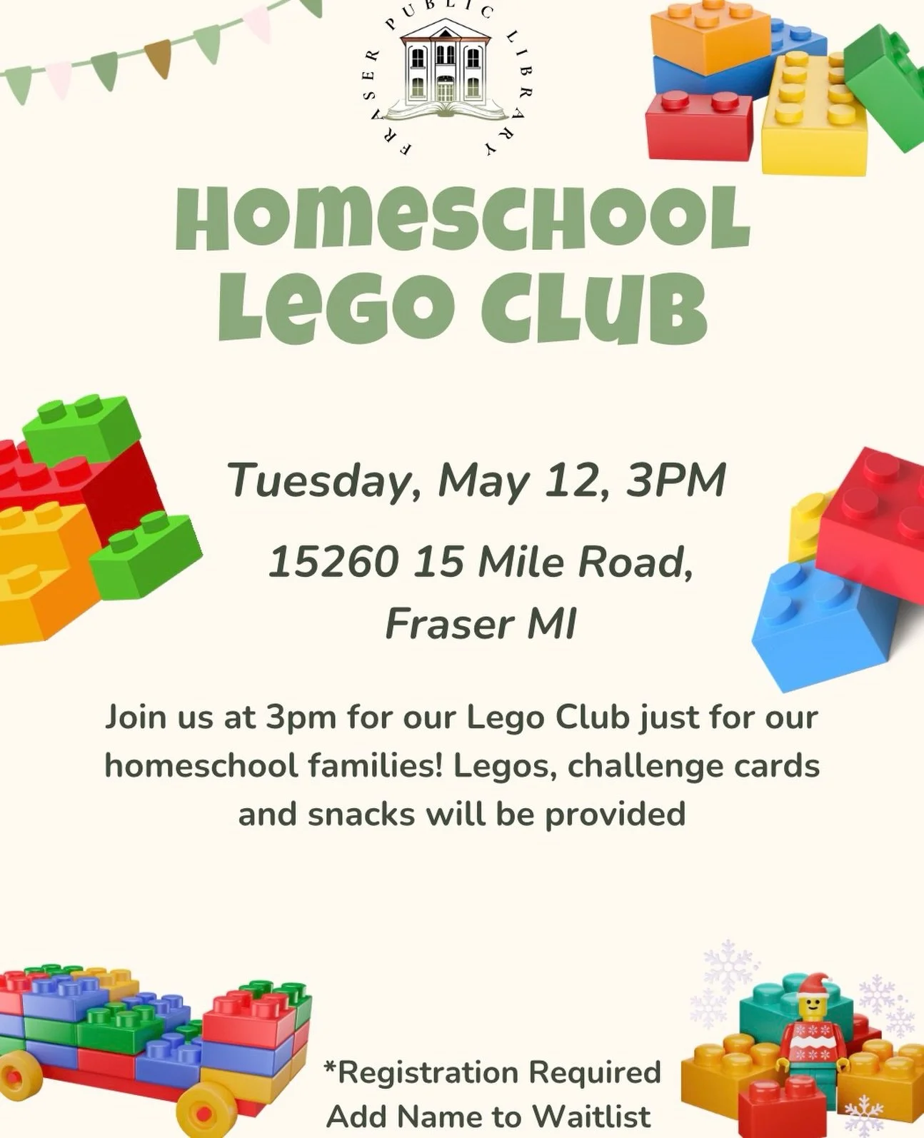 Looking for a fun, low-pressure way for your homeschooler to connect with other kids? Join us every other Tuesday at 3pm for Homeschool LEGO Club at Fraser Public Library!

We&rsquo;ll have LEGO challenges, free build time, snacks, and monthly challe