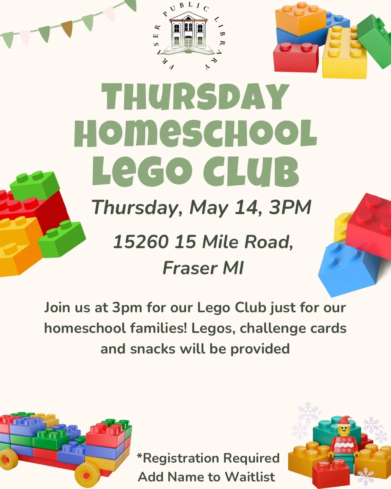 Our Tuesday Homeschool LEGO Club was so popular that we decided to add a Thursday group too!
Come build with us every other Thursday at 3pm at Fraser Public Library. We&rsquo;ll have LEGO challenges, free build time, snacks, and plenty of time to han