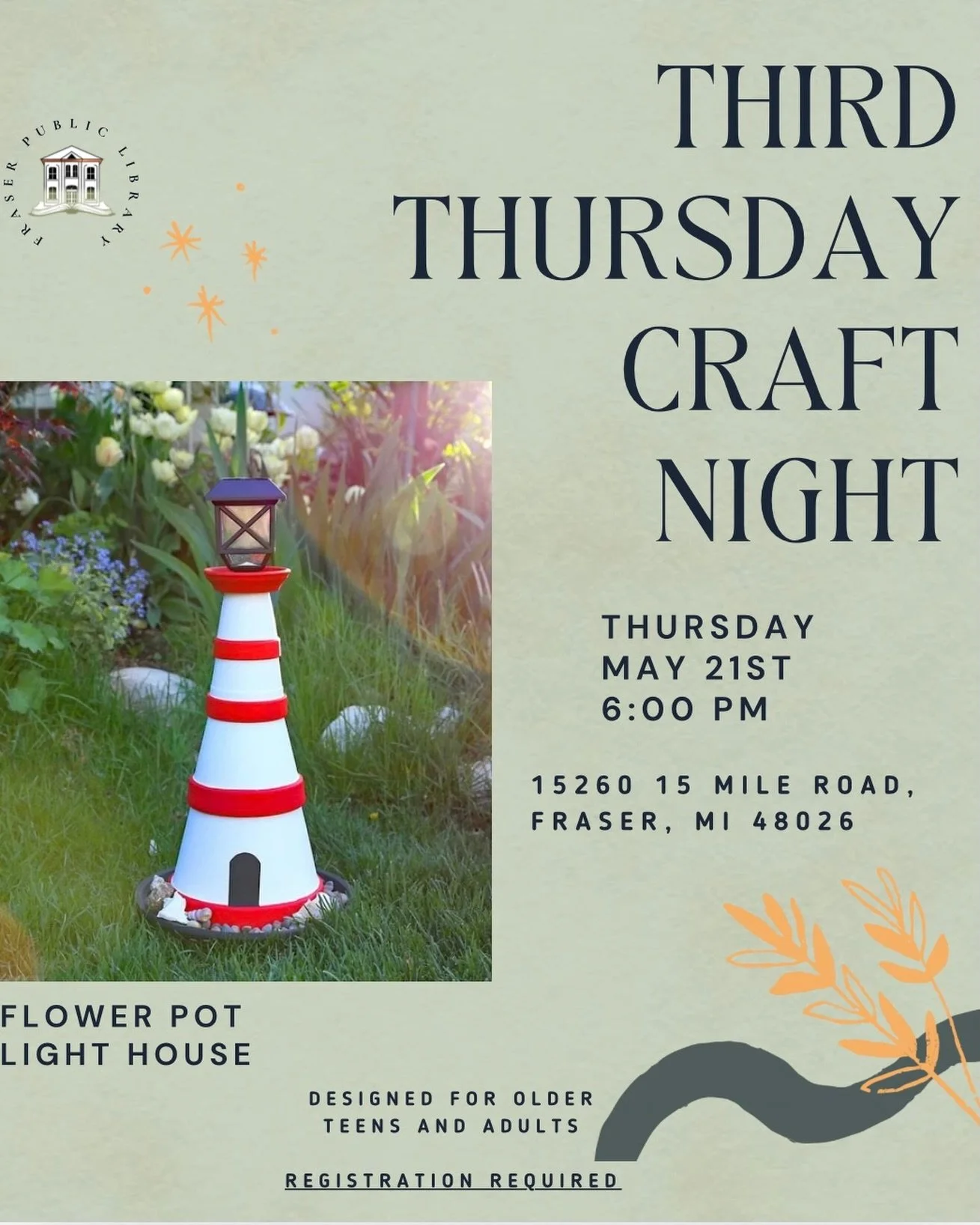 Join us for Third Thursday Craft Night at Fraser Public Library, designed for older teens and adults who love to make things.

This Month: Flower Pot Lighthouse (smaller than pictured, but big on charm!) All supplies provided. Just bring yourself!

W