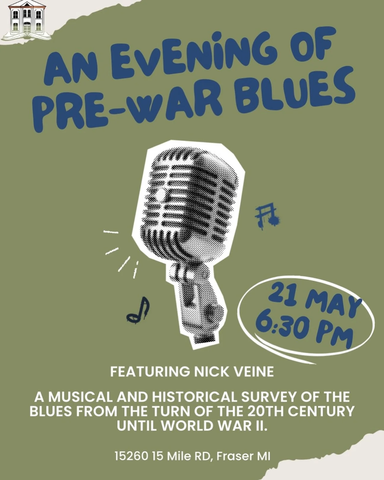 Join singer-songwriter Nick Veine for a musical and historical survey of the Blues from the turn of the 20th century through WWII.

Featuring music from Blind Lemon Jefferson, Charley Patton, Robert Johnson, Muddy Waters, and more. Exploring the hist