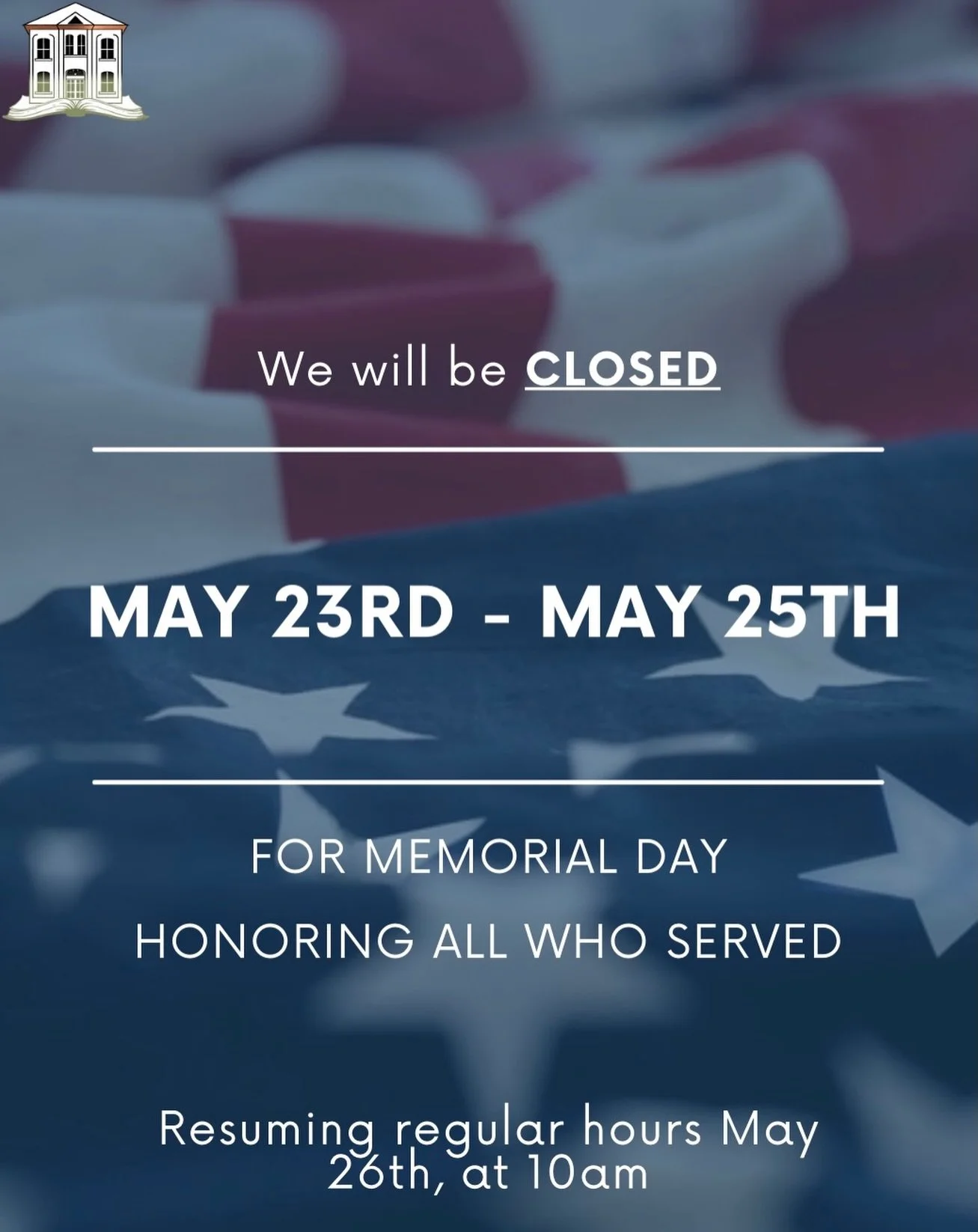 This Memorial Day weekend, we honor the courage and sacrifice of those who gave everything for our freedom.

Fraser Public Library will be closed May 23rd &ndash; May 25th. We will reopen on May 26th at 10 AM for regular hours.

 ❤️🤍💙
#MemorialDay 