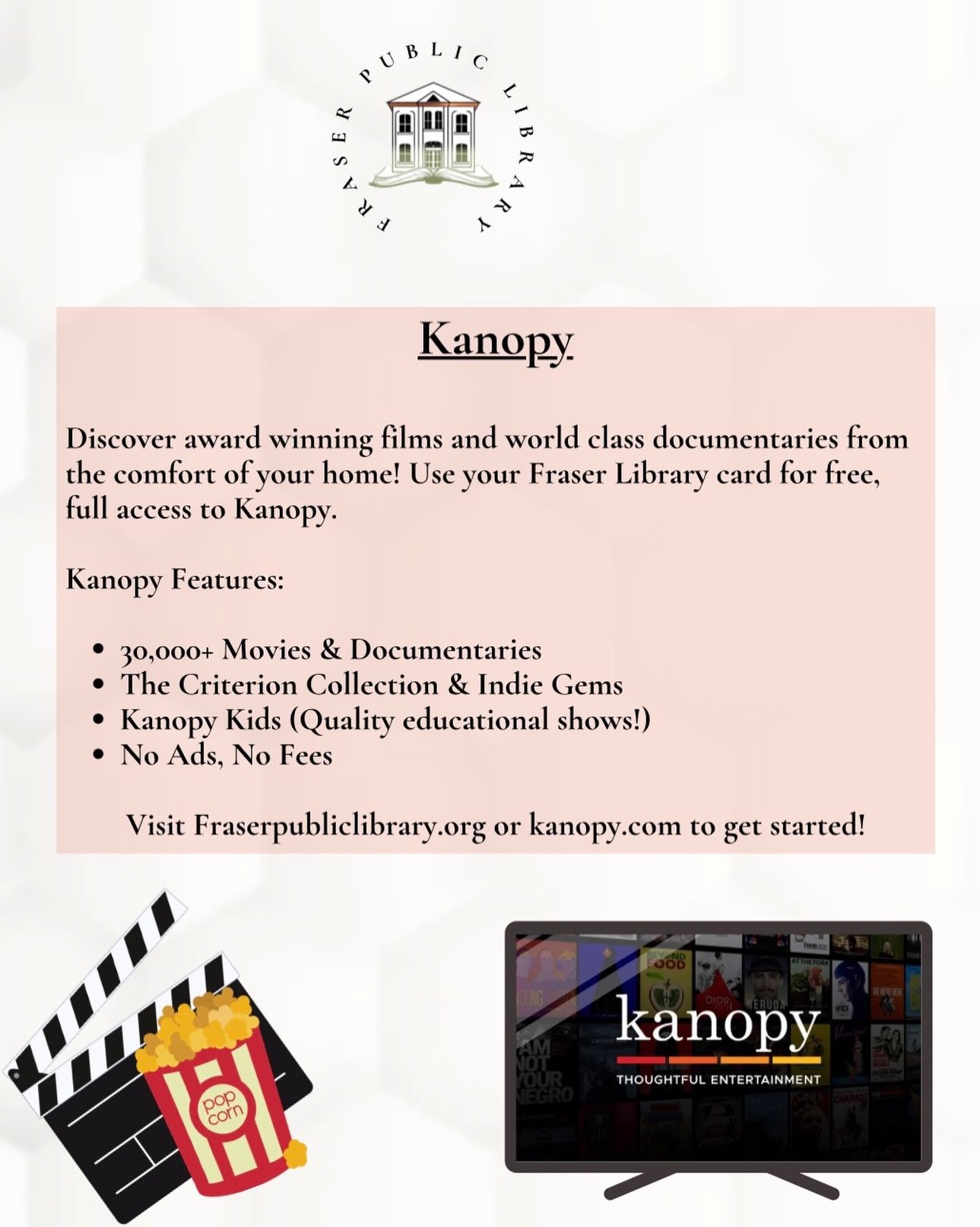 Looking for your next favorite film? Skip the subscription fees and use your library card to access Kanopy, the premier streaming service for quality cinema. 

Whether you are looking for award winning documentaries, rare indie gems, or the latest Cr