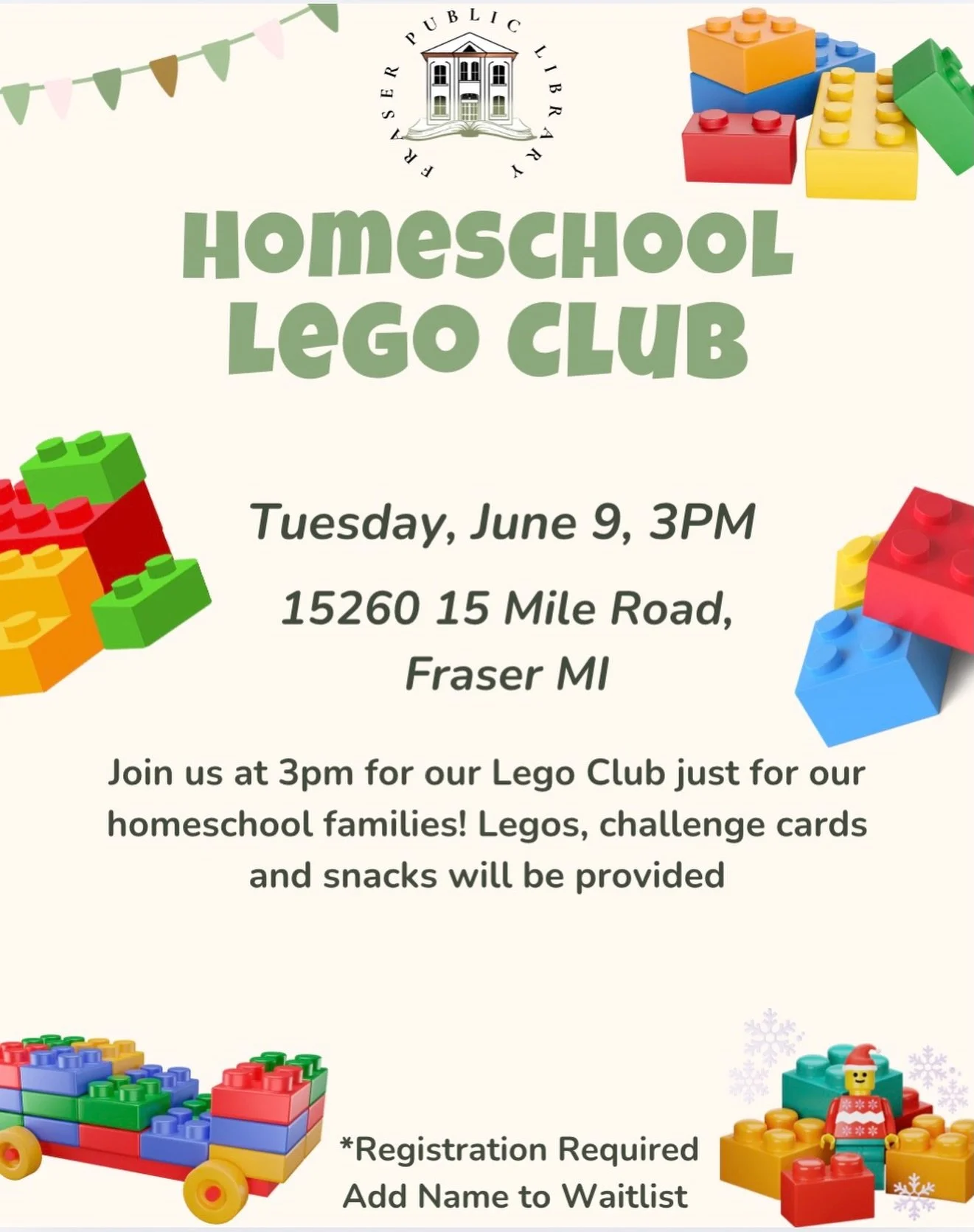 Calling all homeschool creators, builders, and master architects! 🧱✨

Looking for a fun way to connect, create, and build STEM skills? Join us for our Homeschool LEGO Club! We provide the LEGO bricks, you bring the imagination. Whether your child lo