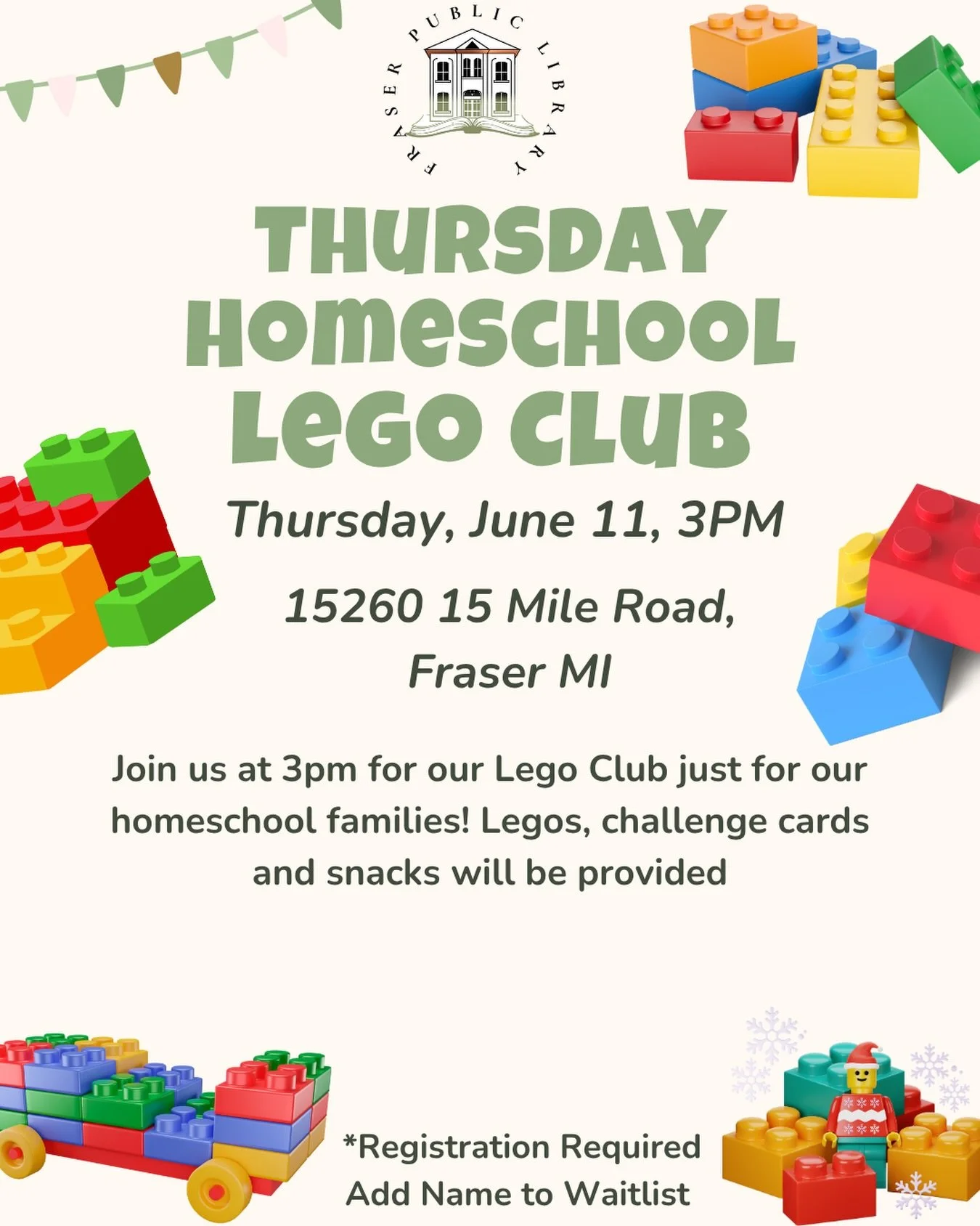 Due to popular demand, our Homeschool LEGO Club is meeting this Thursday! Bring your creativity and get ready to hang out and build something incredible with friends.

🗓️ When: Thursday, June 11th at 3pm
📍Where: 15260 15 Mile Road, Fraser, MI 

#LE