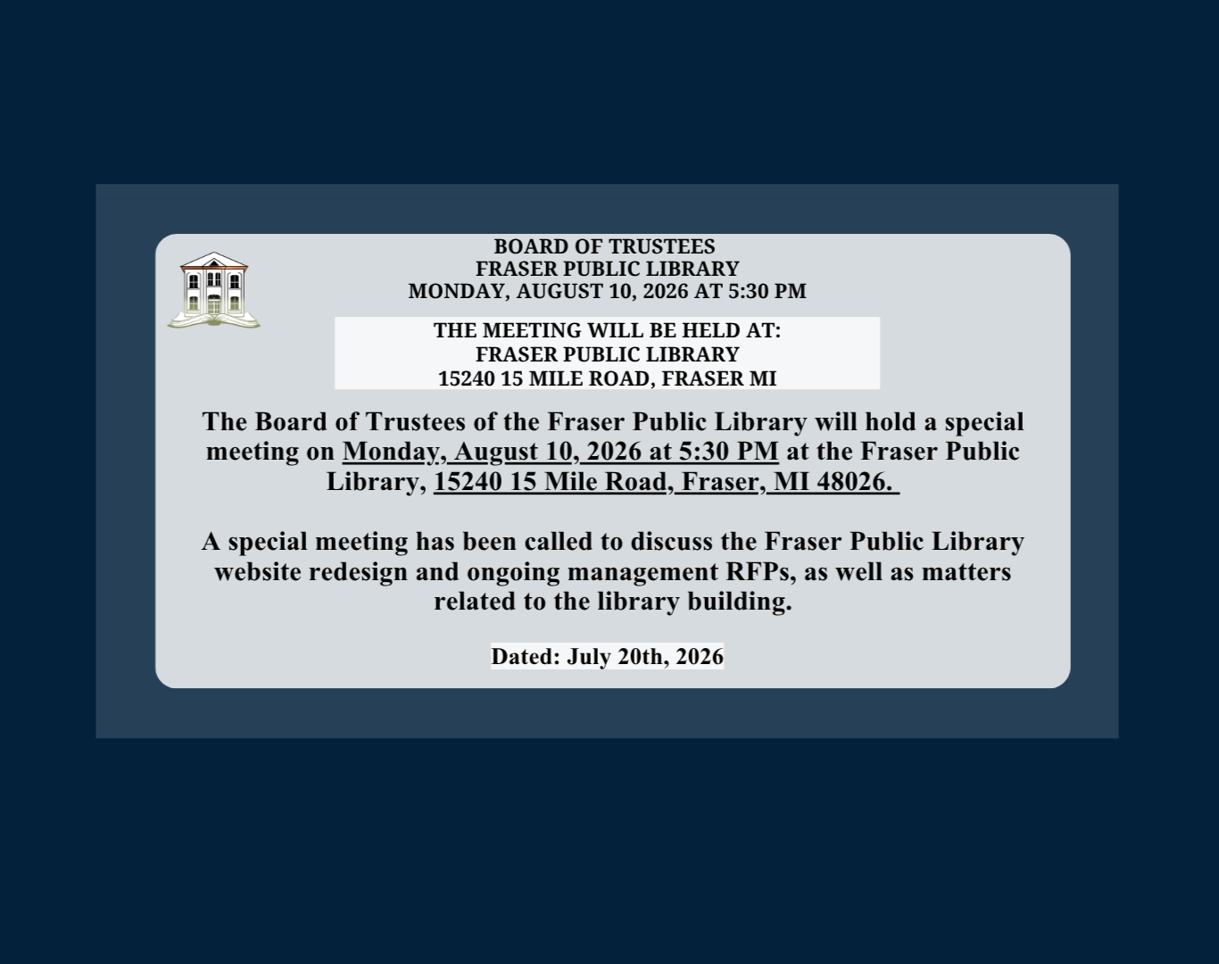 Notice for FPL Board Special Meeting 08/10/26
