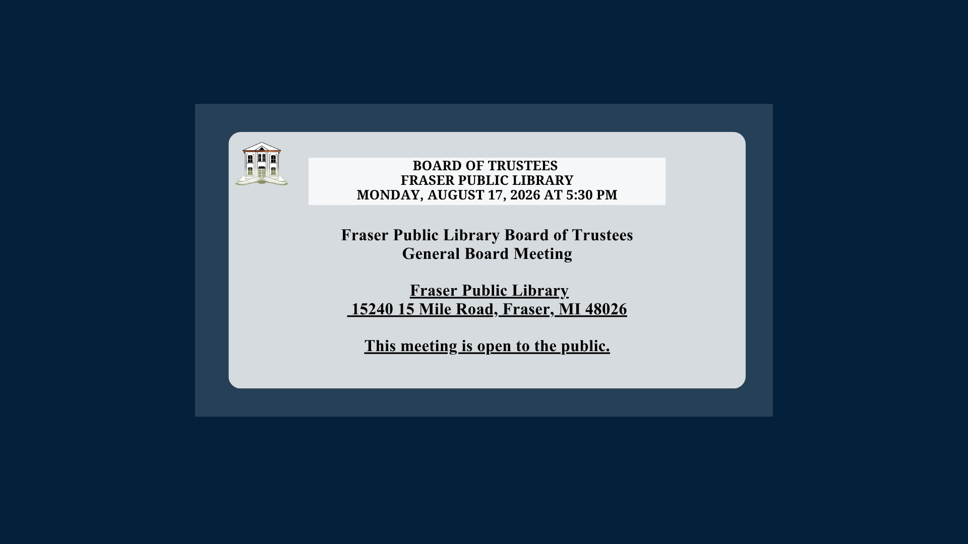 August General Board Meeting Banner