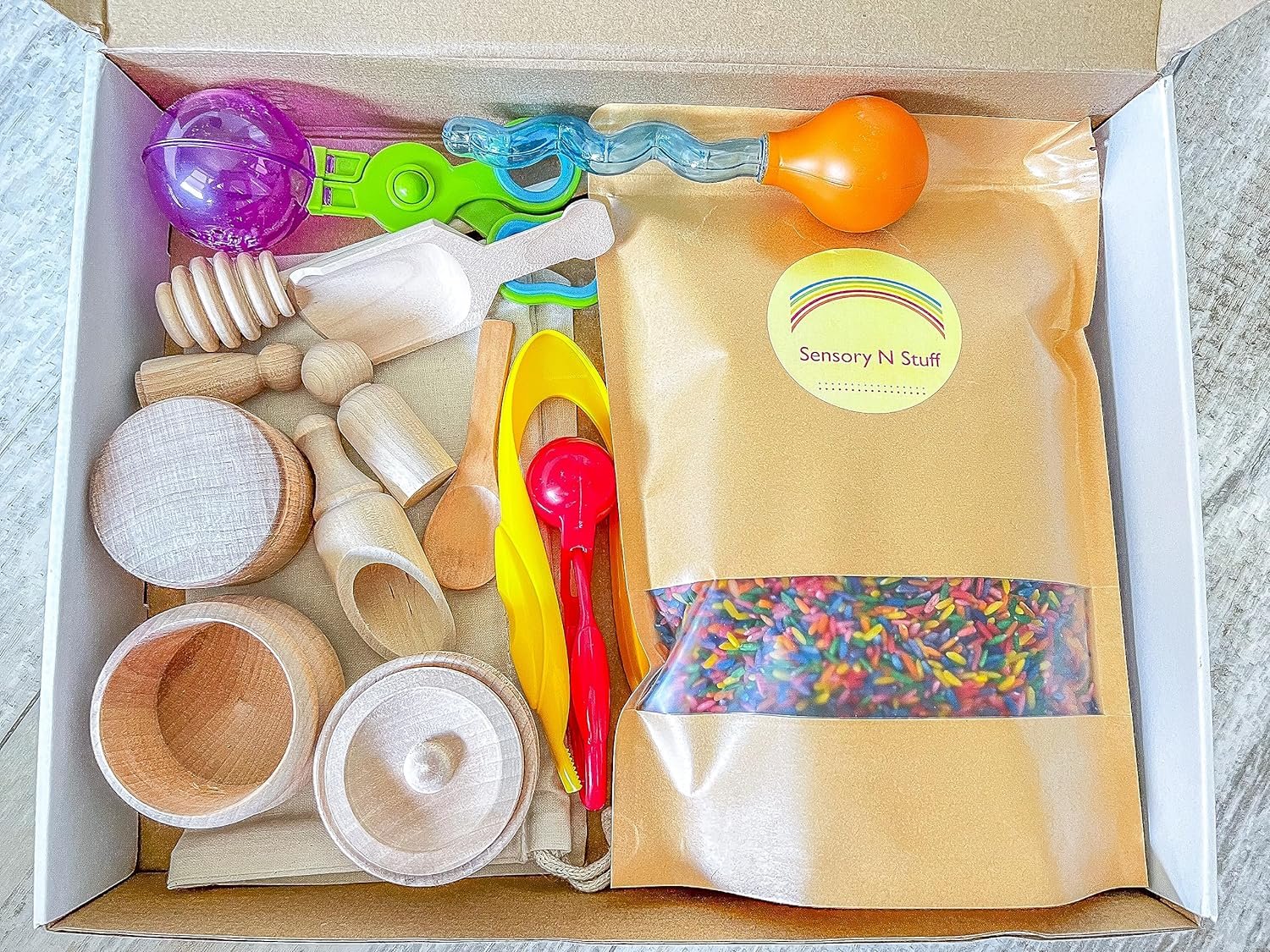 Toddler Sensory Bin Bundle- Includes sensory toys, rice and plastic bin