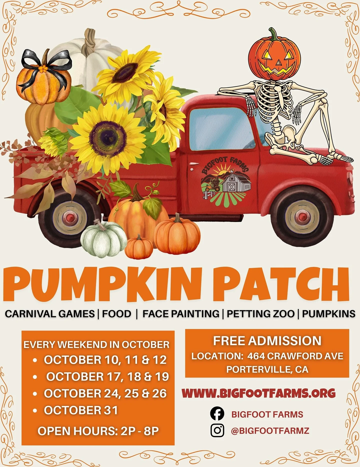 UPDATED HOURS ‼️ 🎃🍂 Fall fun is here at Bigfoot Farms Pumpkin Patch!

📅 Open every weekend in October:
&bull; October 10, 11 &amp; 12
&bull; October 17, 18 &amp; 19
&bull; October 24, 25 &amp; 26
&bull; October 31 (Halloween 🎃)

🕛 Hours: 2 P - 8