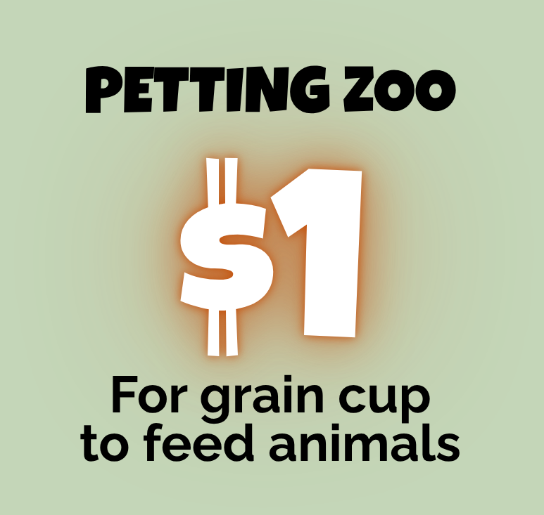 Sign advertising petting zoo grain cups for $1 each to feed animals.