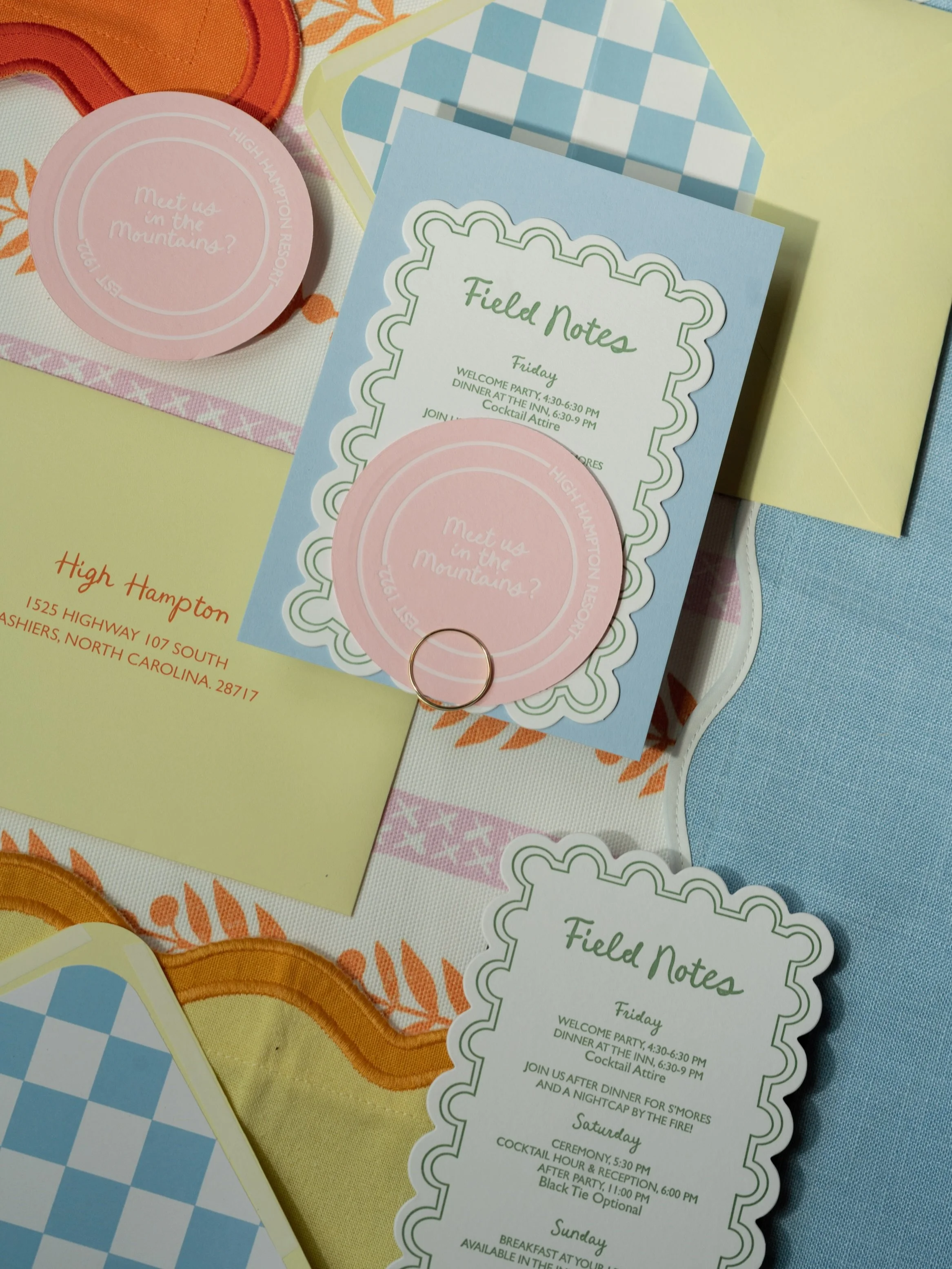 Think of your invitation suite as the ultimate introduction to your wedding weekend&rsquo;s unique personality. For D&amp;P, that meant leaning into a whimsical, sun-drenched palette that promised a weekend full of color, charm, and joy up in the mou
