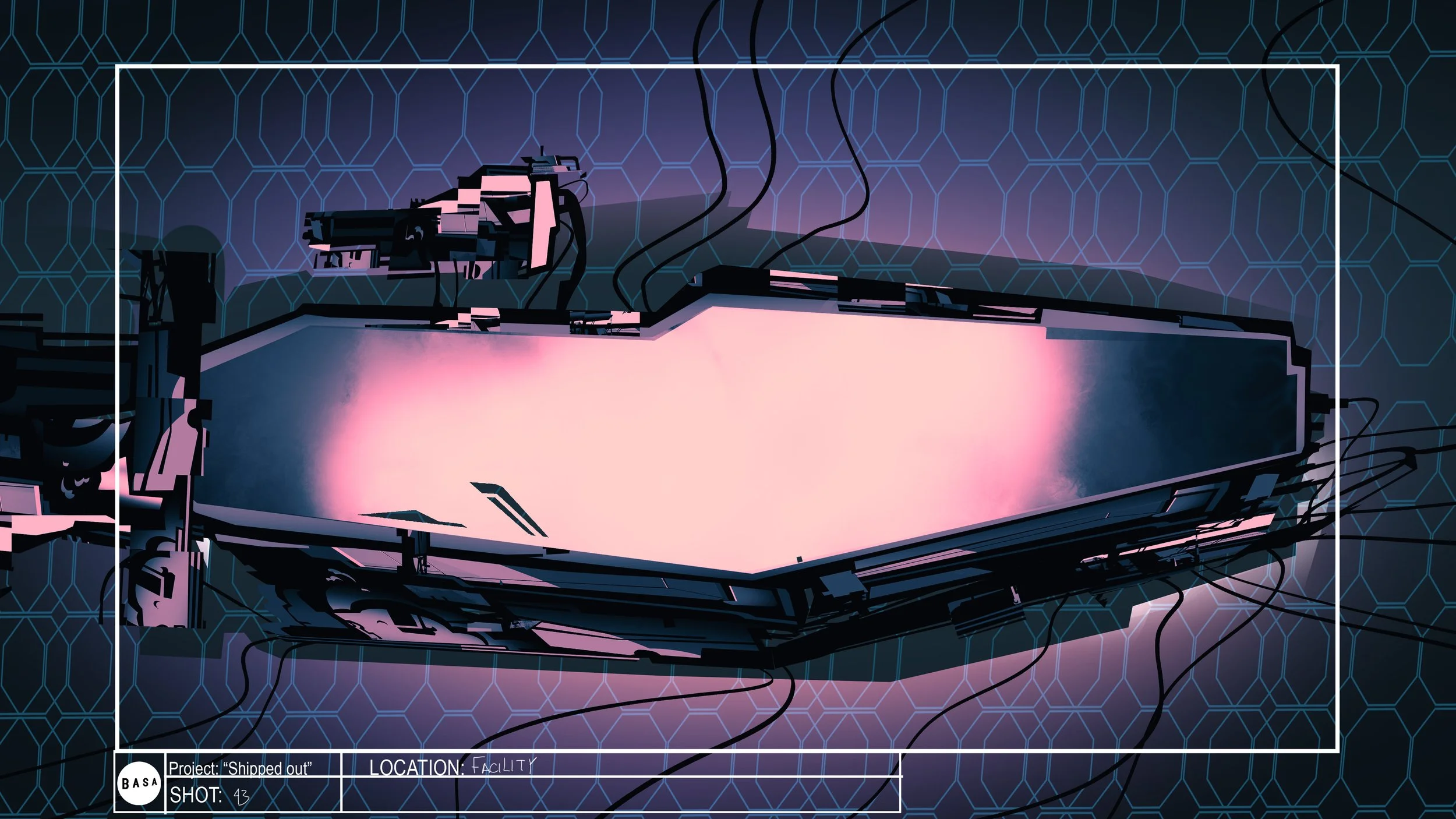 Ilustración digital de una nave espacial en un fondo con patrón hexagonal y líneas eléctricas, con un enfoque futurista y tecnología avanzada.