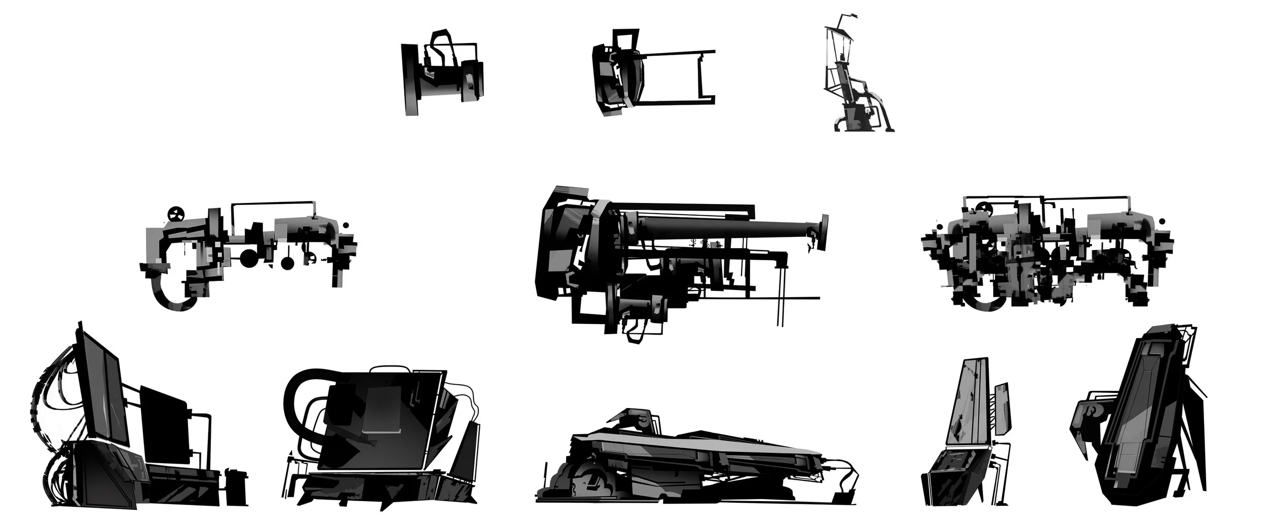 Colección de máquinas y robots en diferentes estilos, algunos en silueta negra y otros en detalles grises, con formas futuristas y de diseño técnico.